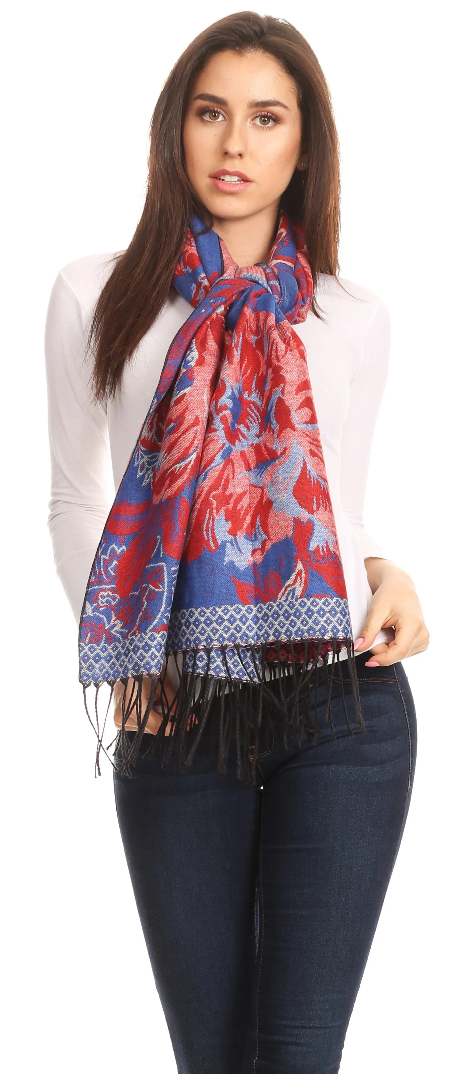 Sakkas Aurora Floral Rose Pashmina Scarf Shawl with Fringe Super Warm Soft Vegan