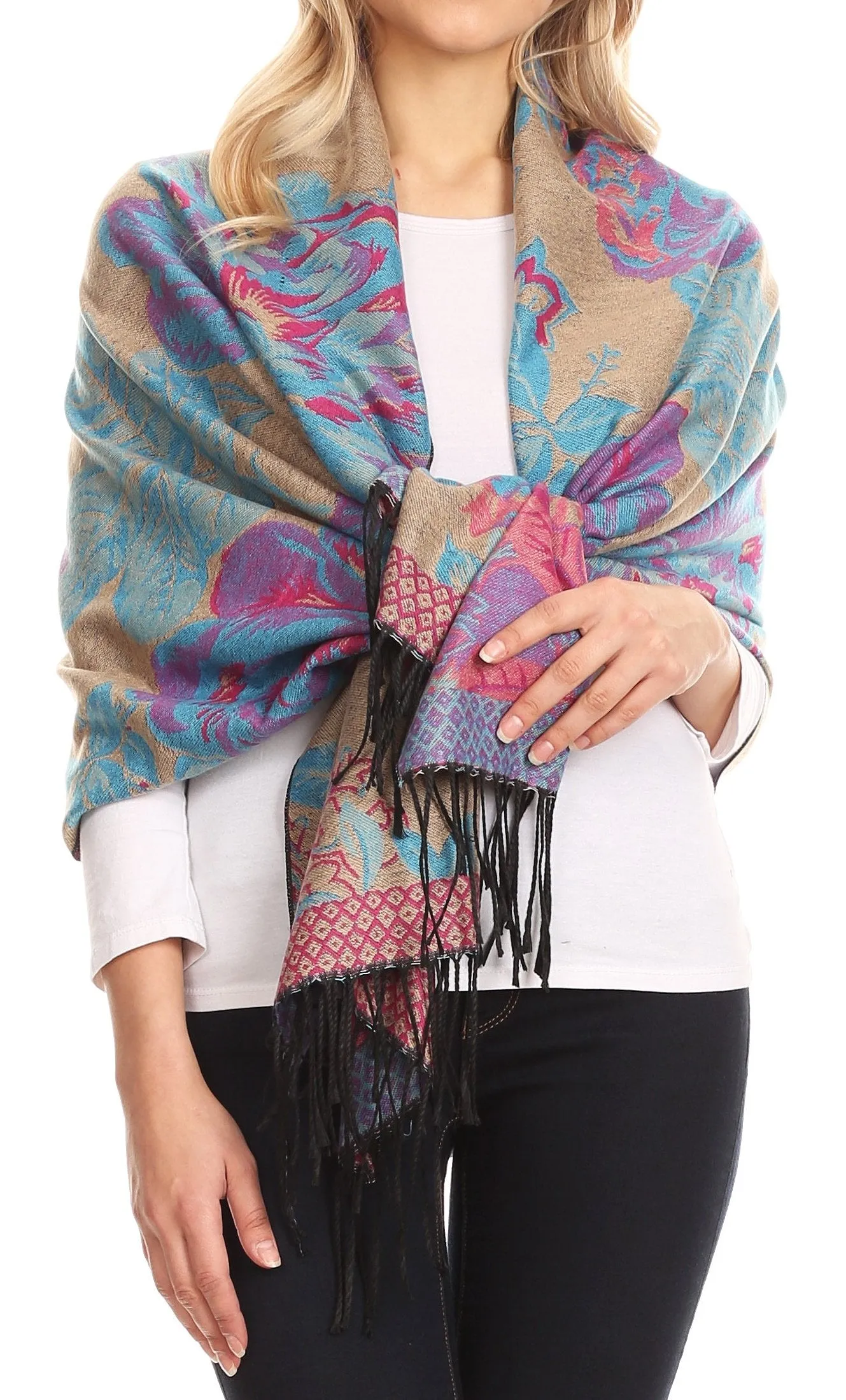 Sakkas Aurora Floral Rose Pashmina Scarf Shawl with Fringe Super Warm Soft Vegan