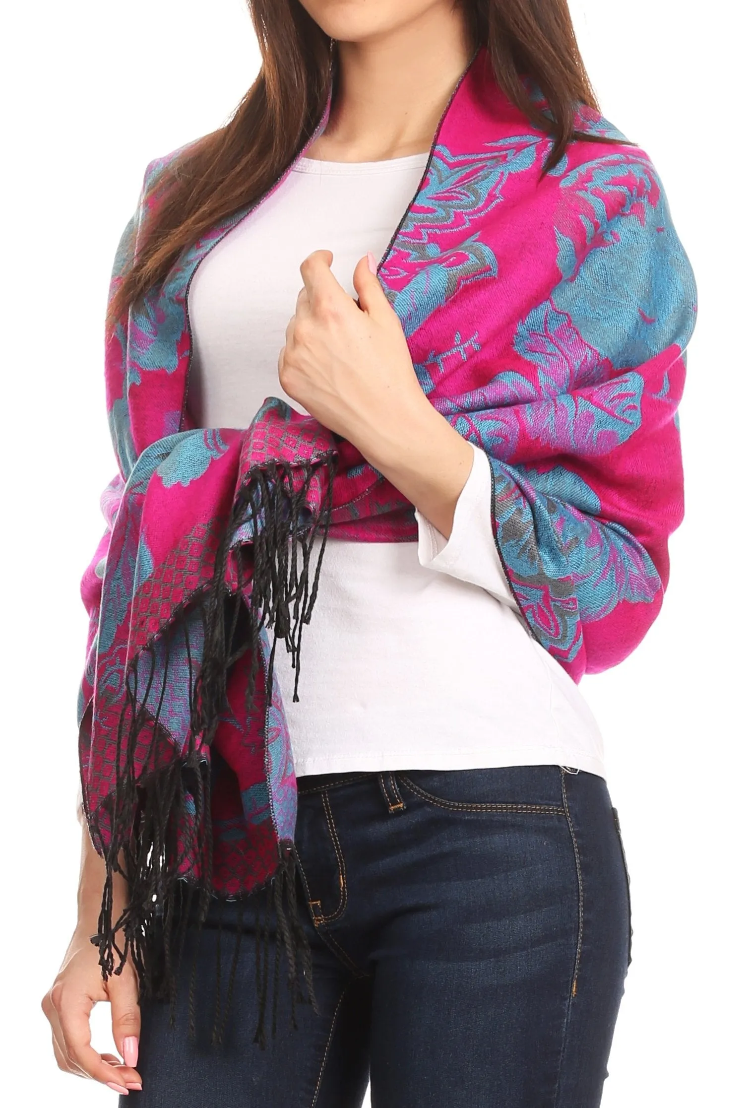 Sakkas Aurora Floral Rose Pashmina Scarf Shawl with Fringe Super Warm Soft Vegan