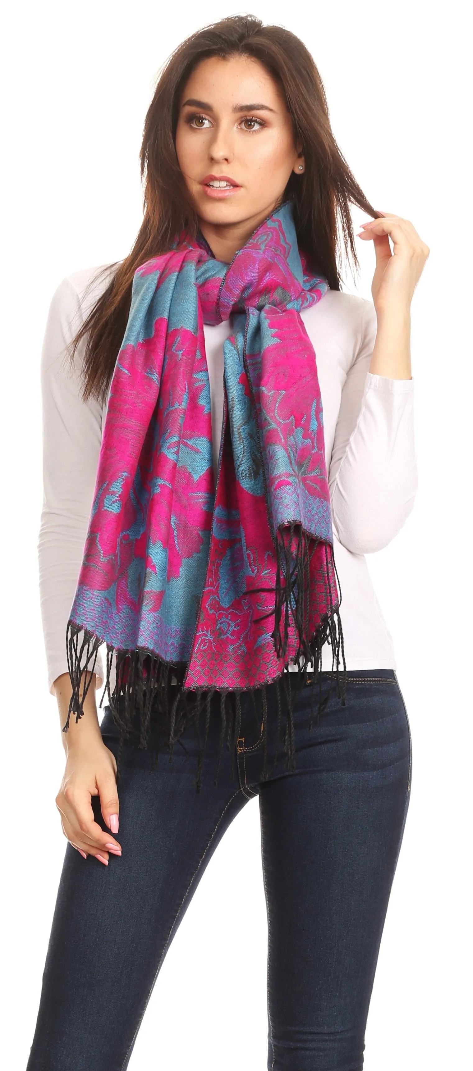 Sakkas Aurora Floral Rose Pashmina Scarf Shawl with Fringe Super Warm Soft Vegan