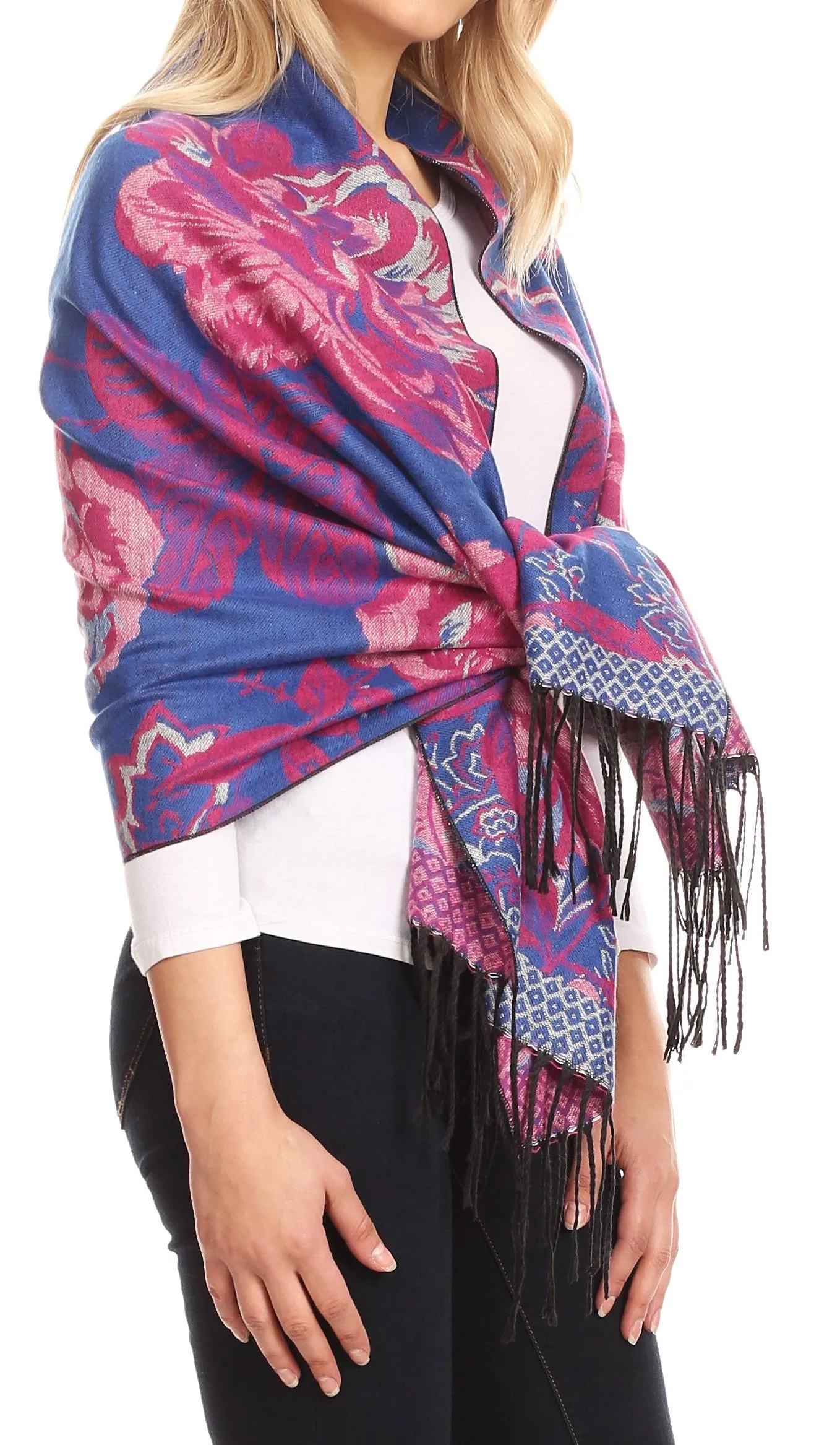 Sakkas Aurora Floral Rose Pashmina Scarf Shawl with Fringe Super Warm Soft Vegan