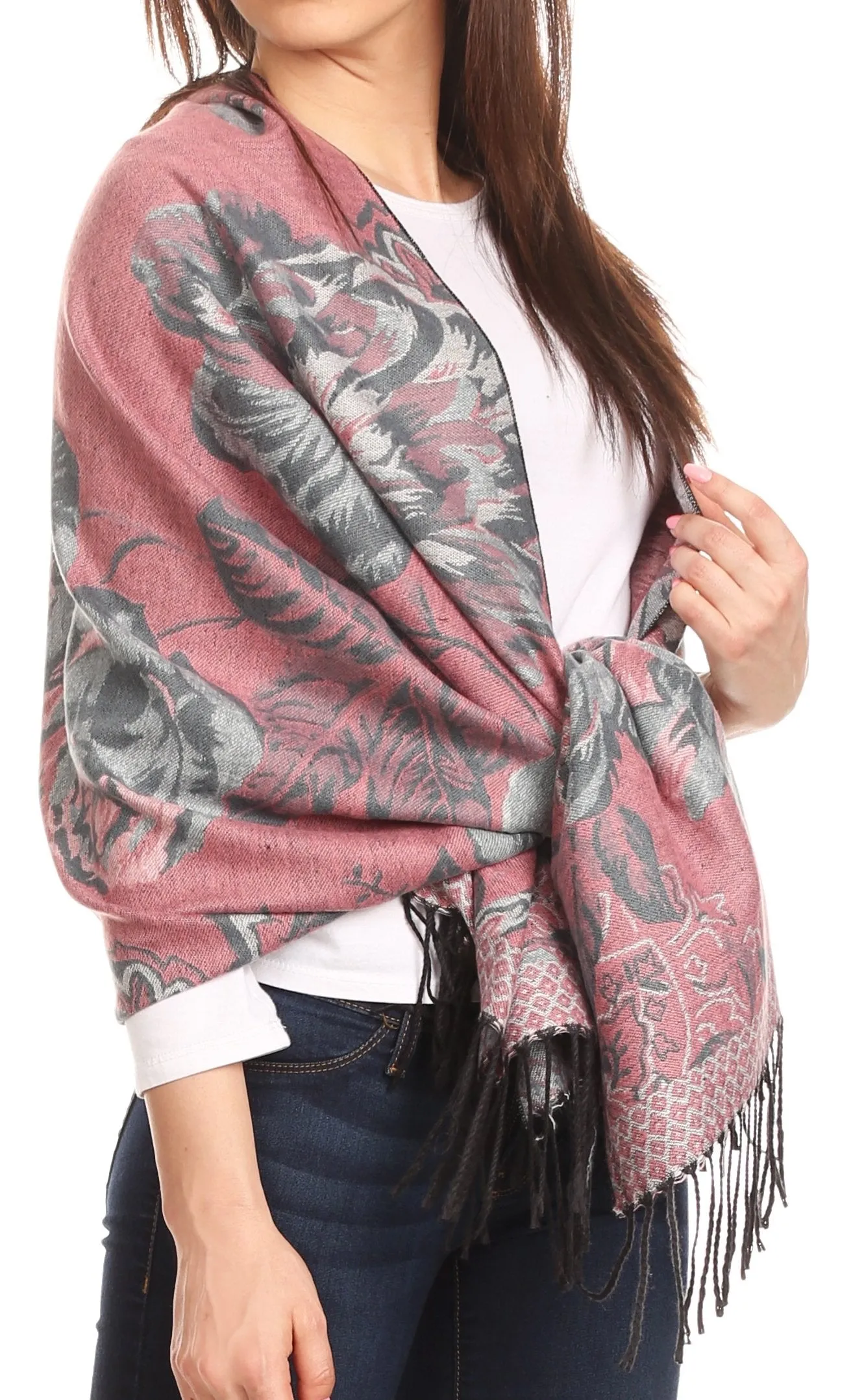 Sakkas Aurora Floral Rose Pashmina Scarf Shawl with Fringe Super Warm Soft Vegan