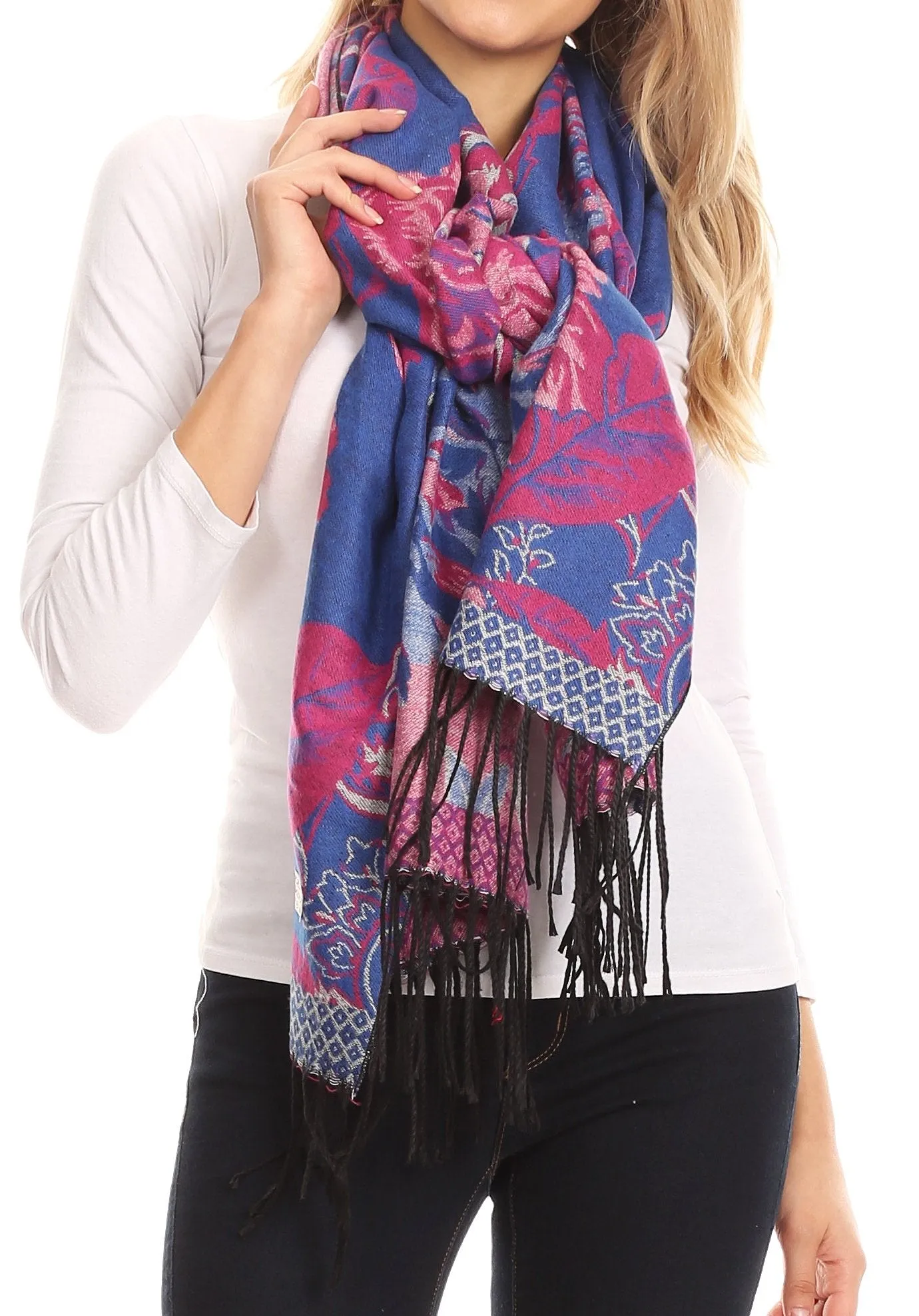 Sakkas Aurora Floral Rose Pashmina Scarf Shawl with Fringe Super Warm Soft Vegan