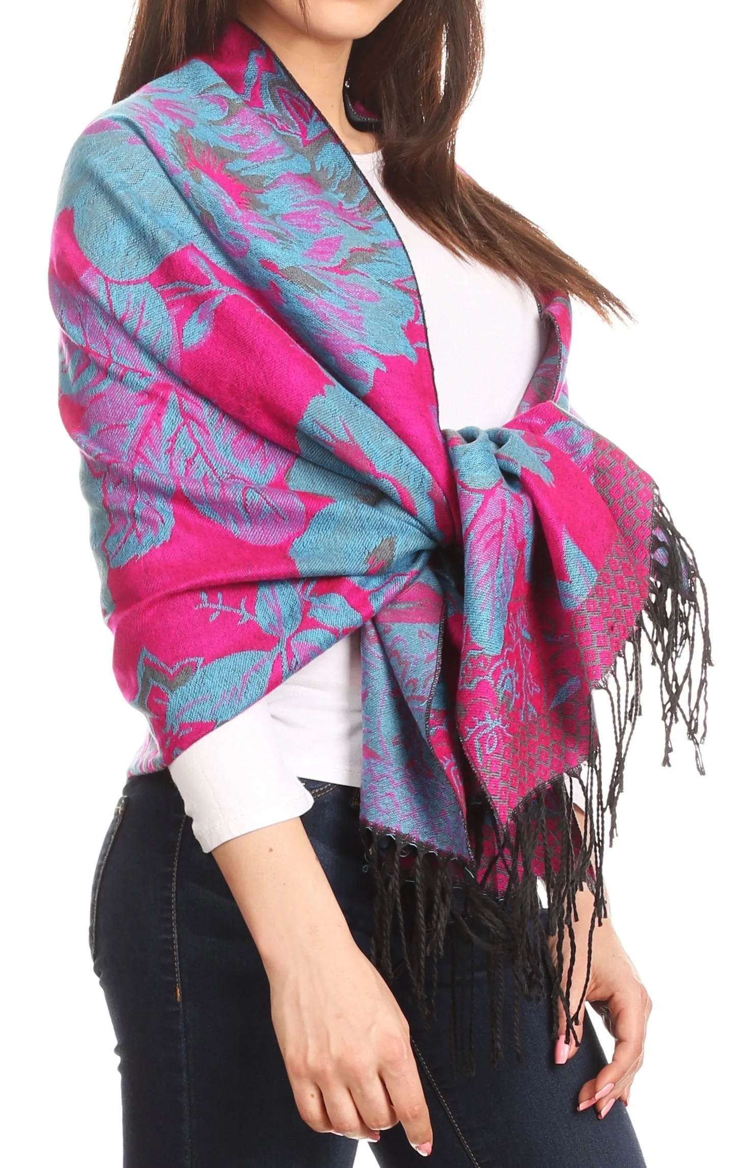 Sakkas Aurora Floral Rose Pashmina Scarf Shawl with Fringe Super Warm Soft Vegan