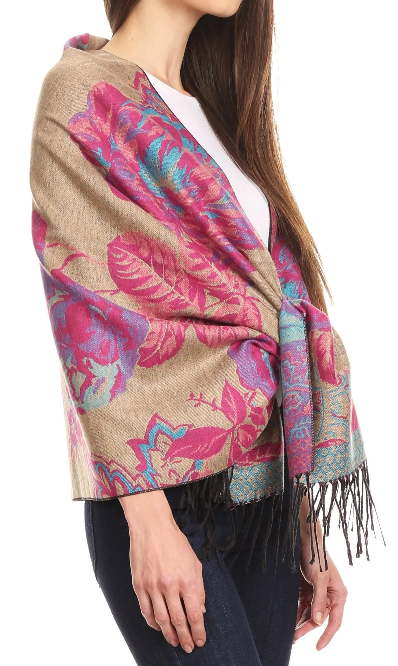 Sakkas Aurora Floral Rose Pashmina Scarf Shawl with Fringe Super Warm Soft Vegan