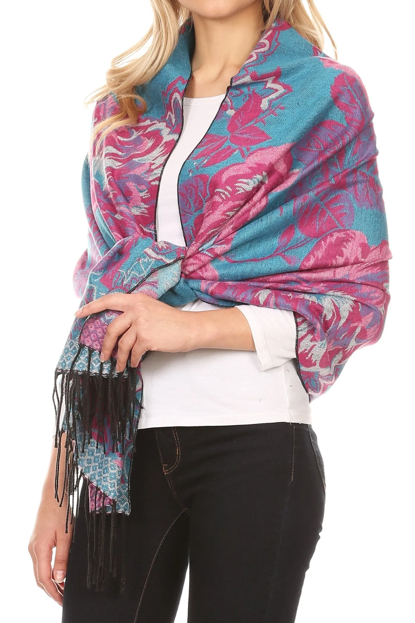 Sakkas Aurora Floral Rose Pashmina Scarf Shawl with Fringe Super Warm Soft Vegan