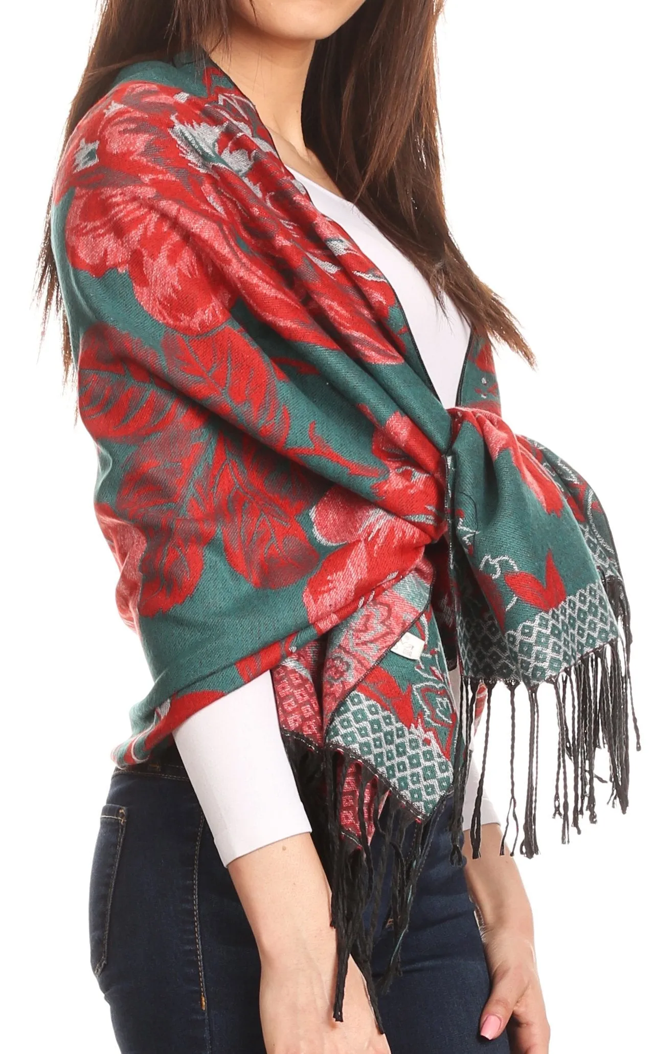 Sakkas Aurora Floral Rose Pashmina Scarf Shawl with Fringe Super Warm Soft Vegan