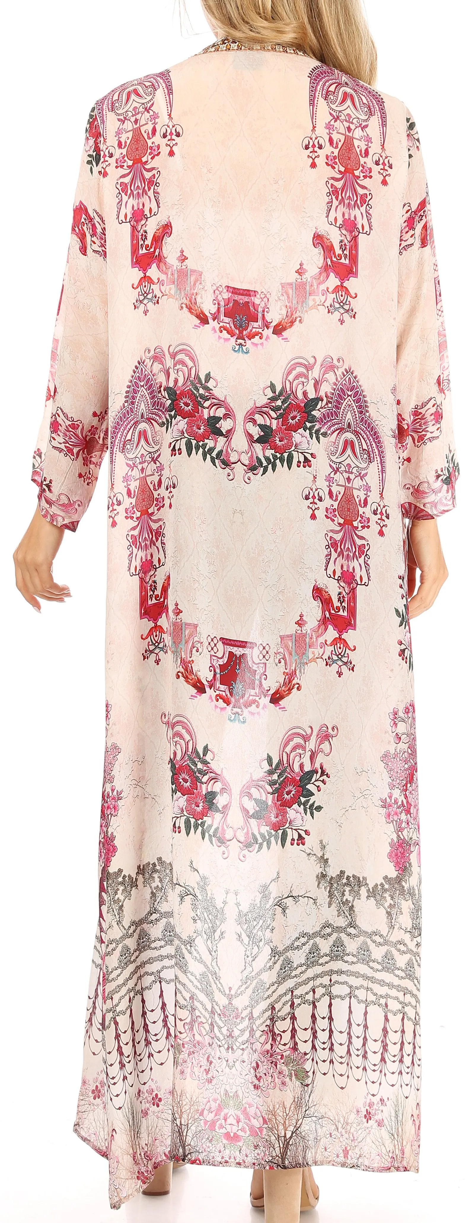 Sakkas Iona Women's Casual Boho Long Kimono Cardigan Open Front Floral Print Loose