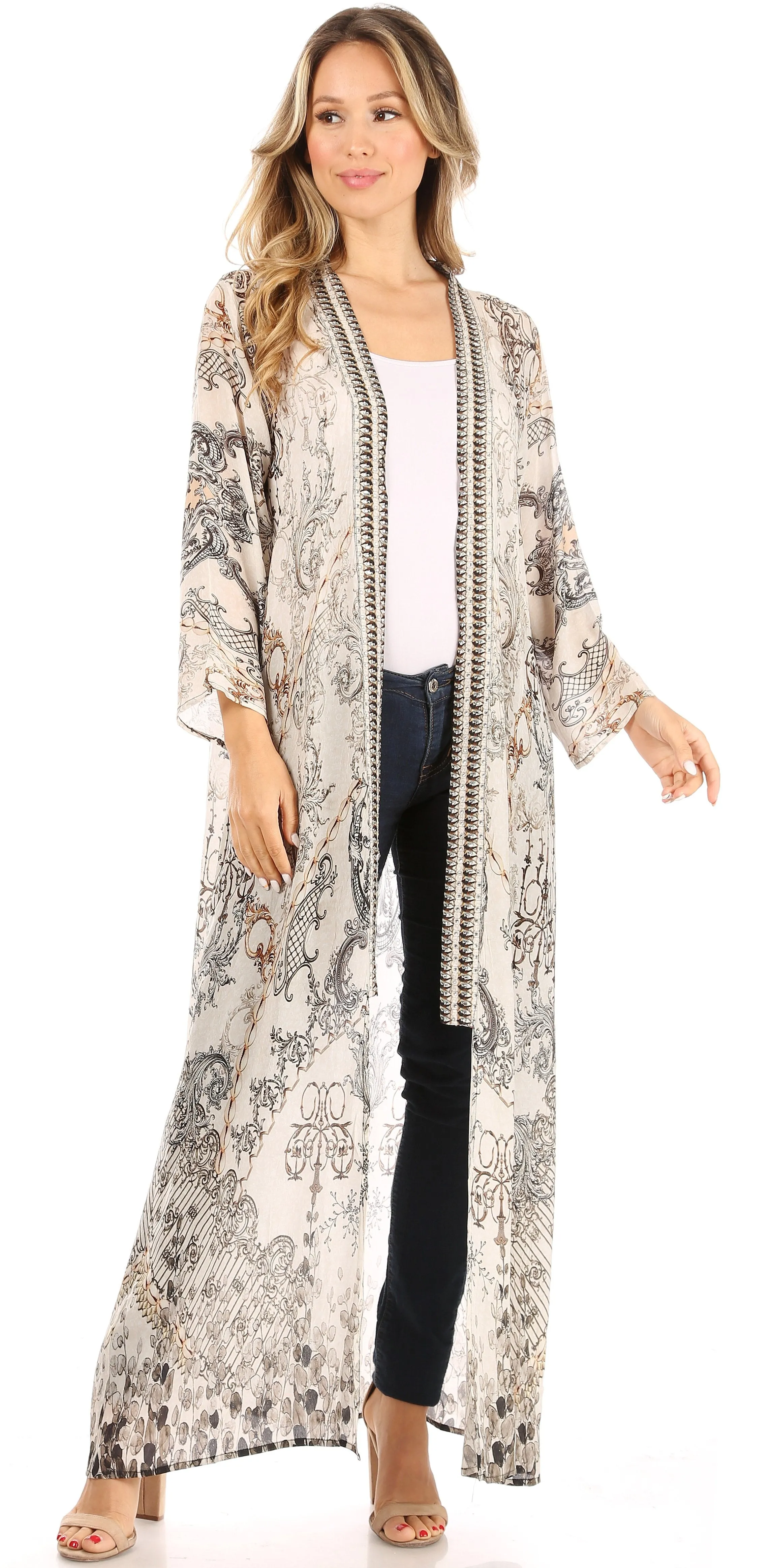 Sakkas Iona Women's Casual Boho Long Kimono Cardigan Open Front Floral Print Loose