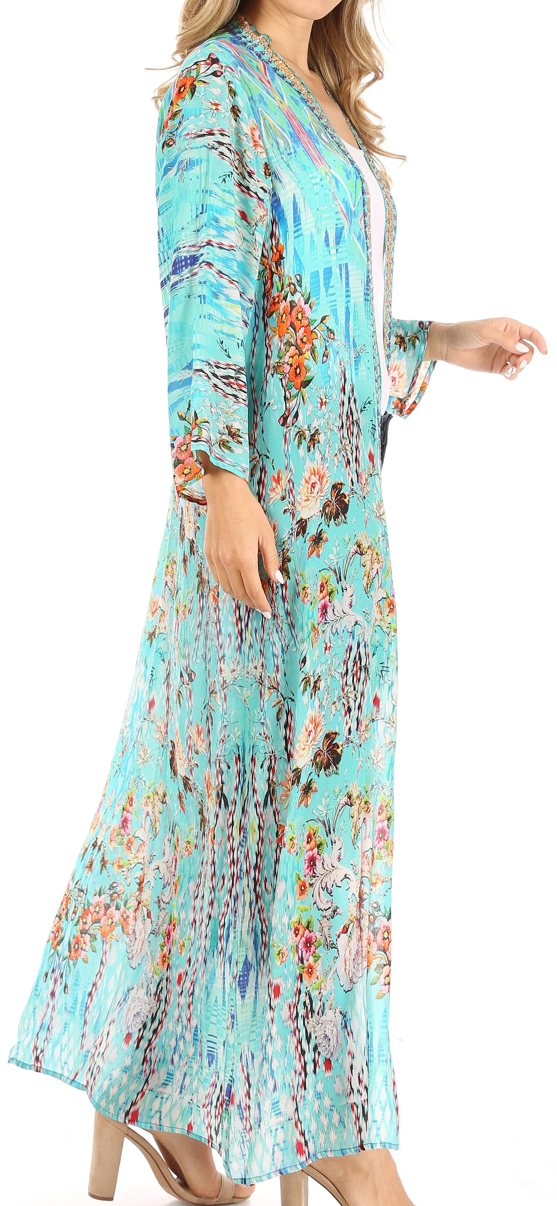 Sakkas Iona Women's Casual Boho Long Kimono Cardigan Open Front Floral Print Loose