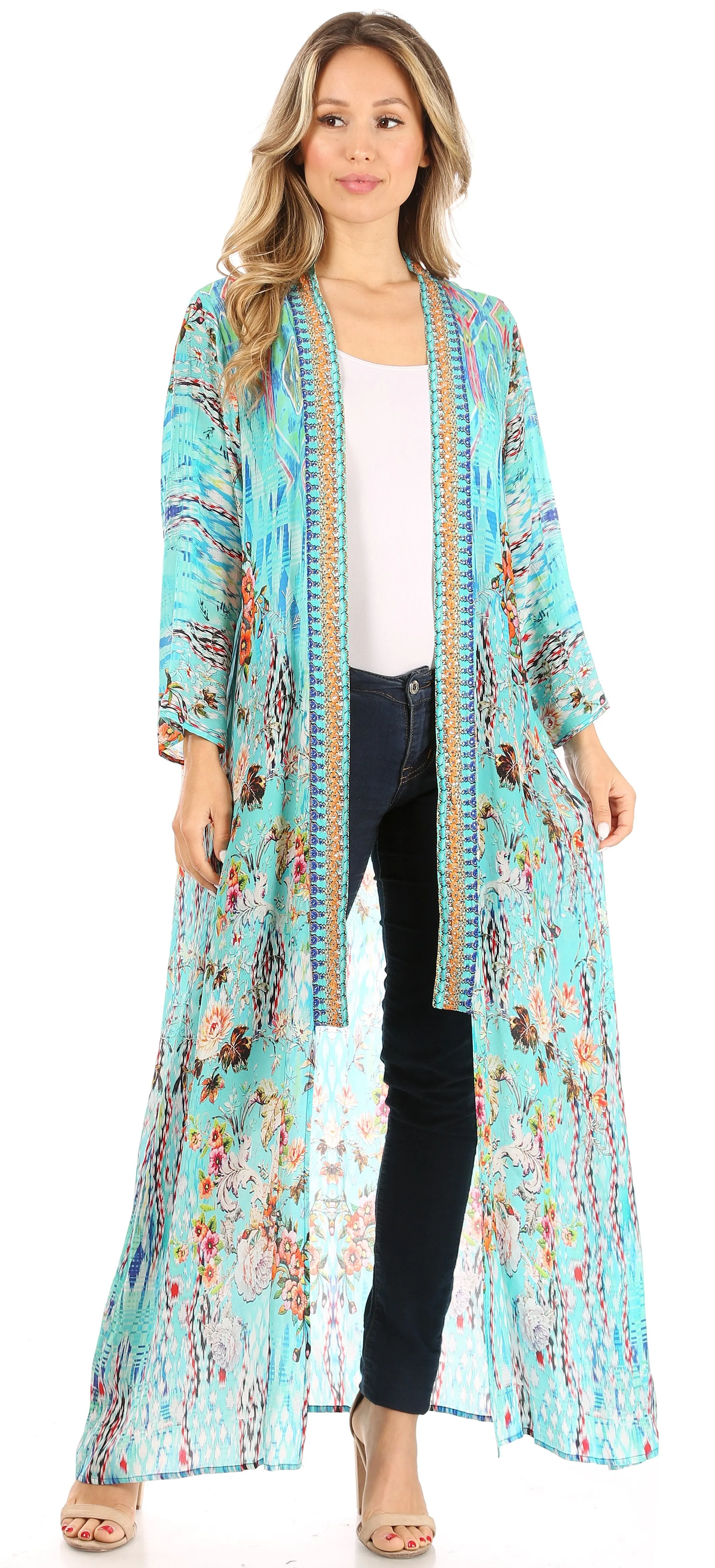 Sakkas Iona Women's Casual Boho Long Kimono Cardigan Open Front Floral Print Loose