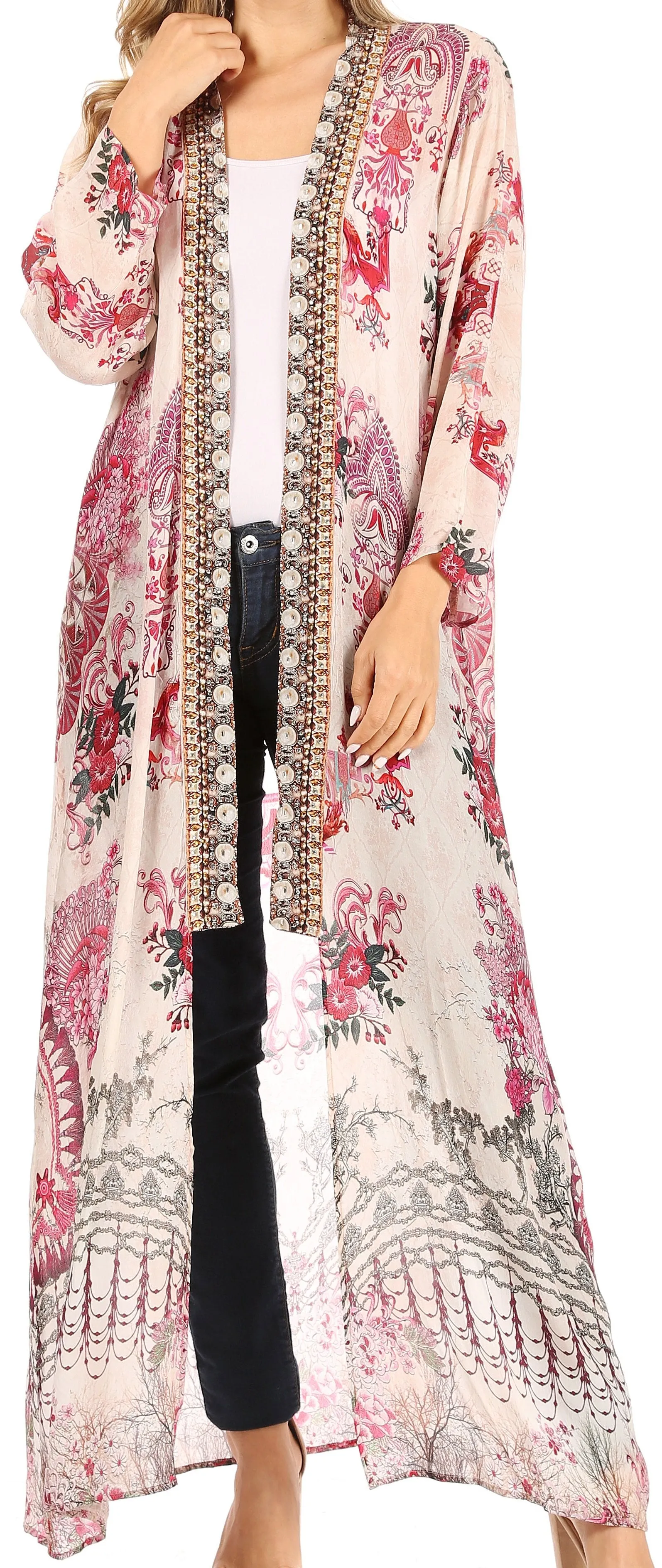 Sakkas Iona Women's Casual Boho Long Kimono Cardigan Open Front Floral Print Loose