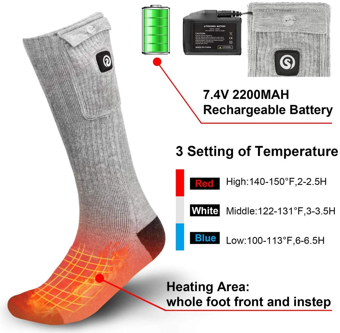 Savior Heated Socks | 7.4V Rechargeable Battery Operated Heated Socks Gray