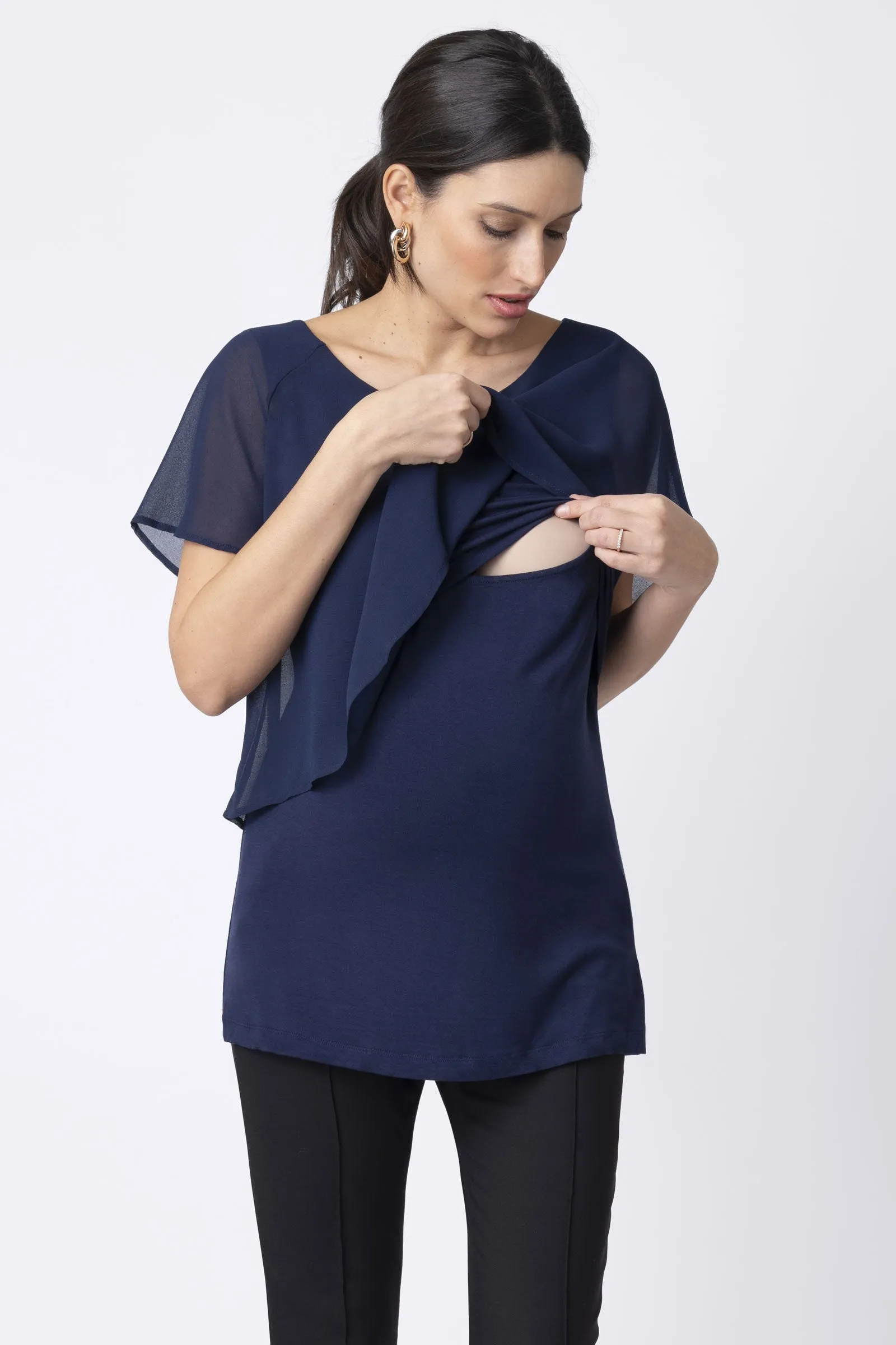 Seraphine Meredith Navy Blue Asymmetric Flutter Maternity & Nursing Top