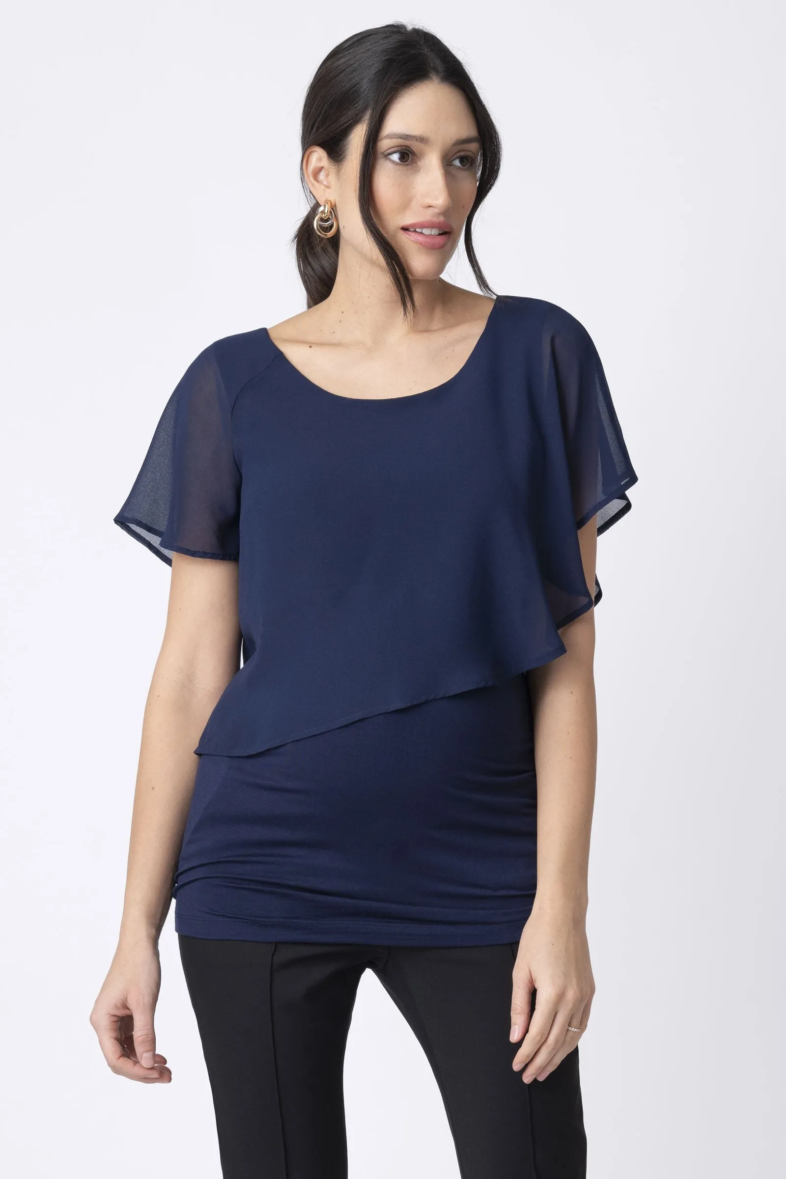 Seraphine Meredith Navy Blue Asymmetric Flutter Maternity & Nursing Top