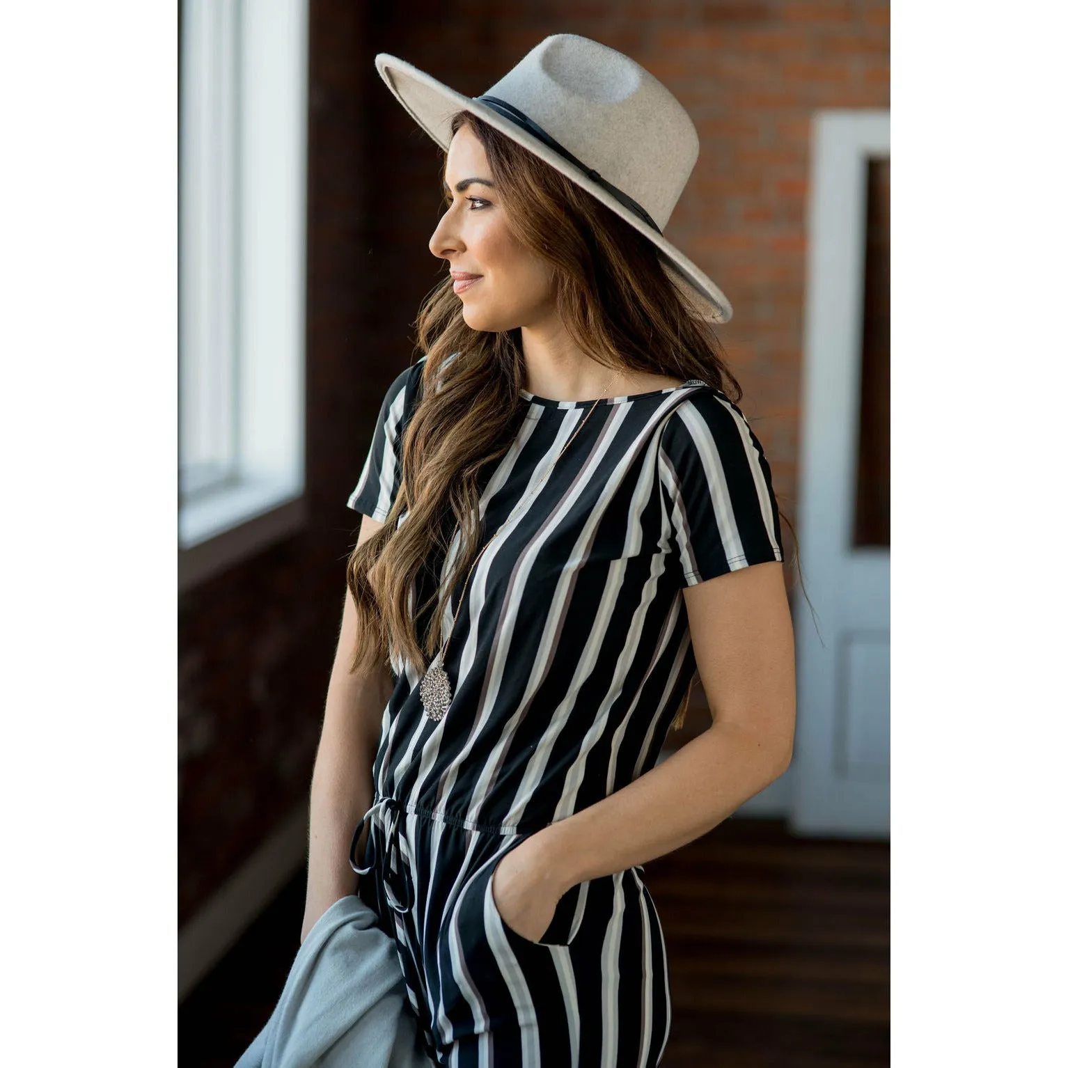 Short Sleeve Stripe Jumpsuit