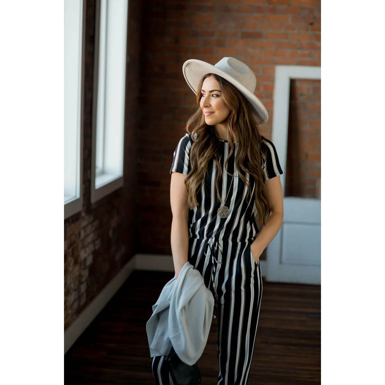 Short Sleeve Stripe Jumpsuit