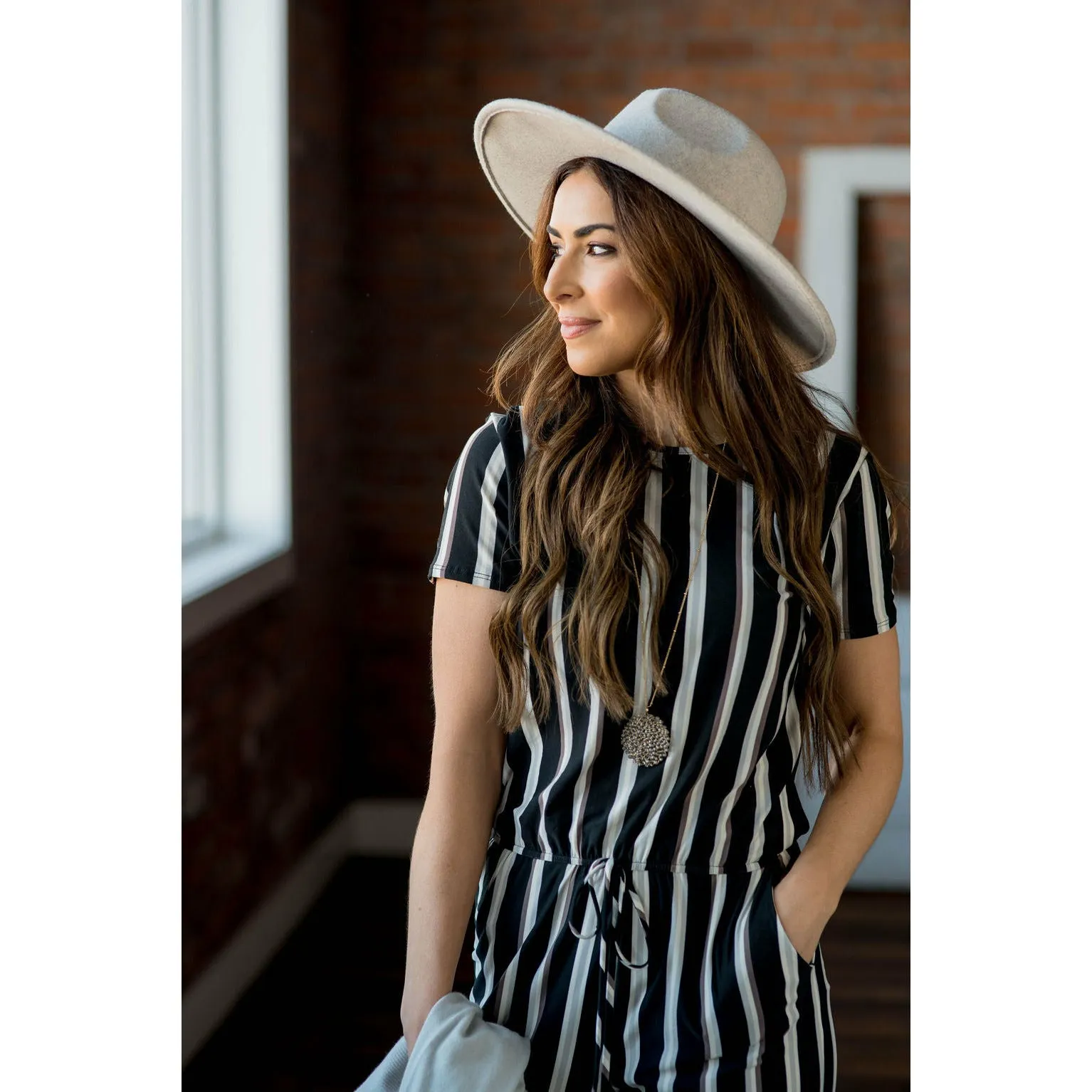 Short Sleeve Stripe Jumpsuit