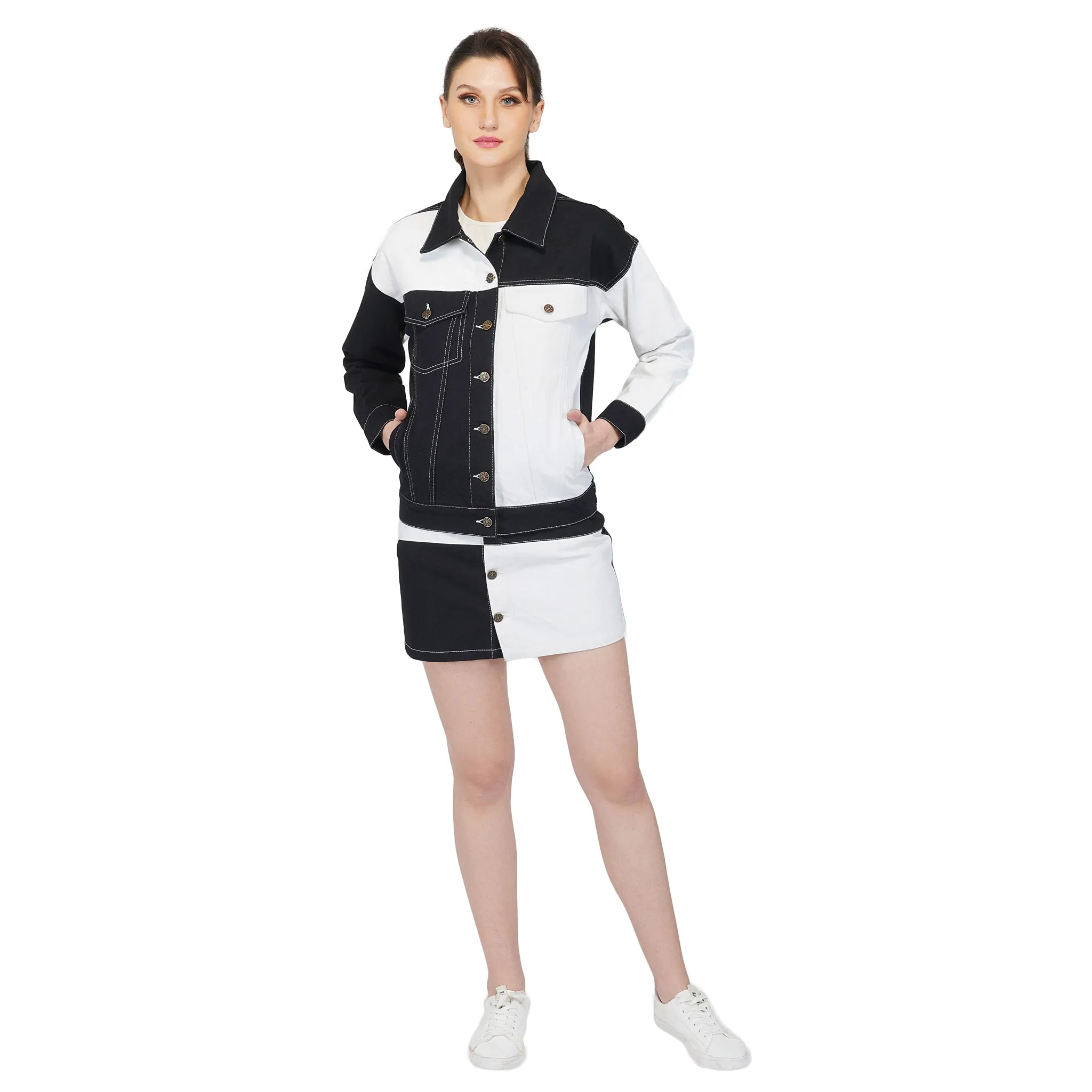 SLAY. Women's Black & White Colorblock Denim Jacket & Skirt Co-ord Set