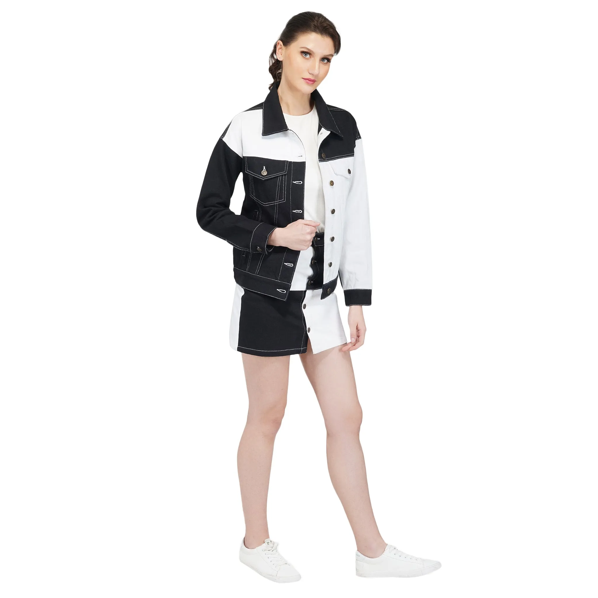 SLAY. Women's Black & White Colorblock Denim Jacket & Skirt Co-ord Set