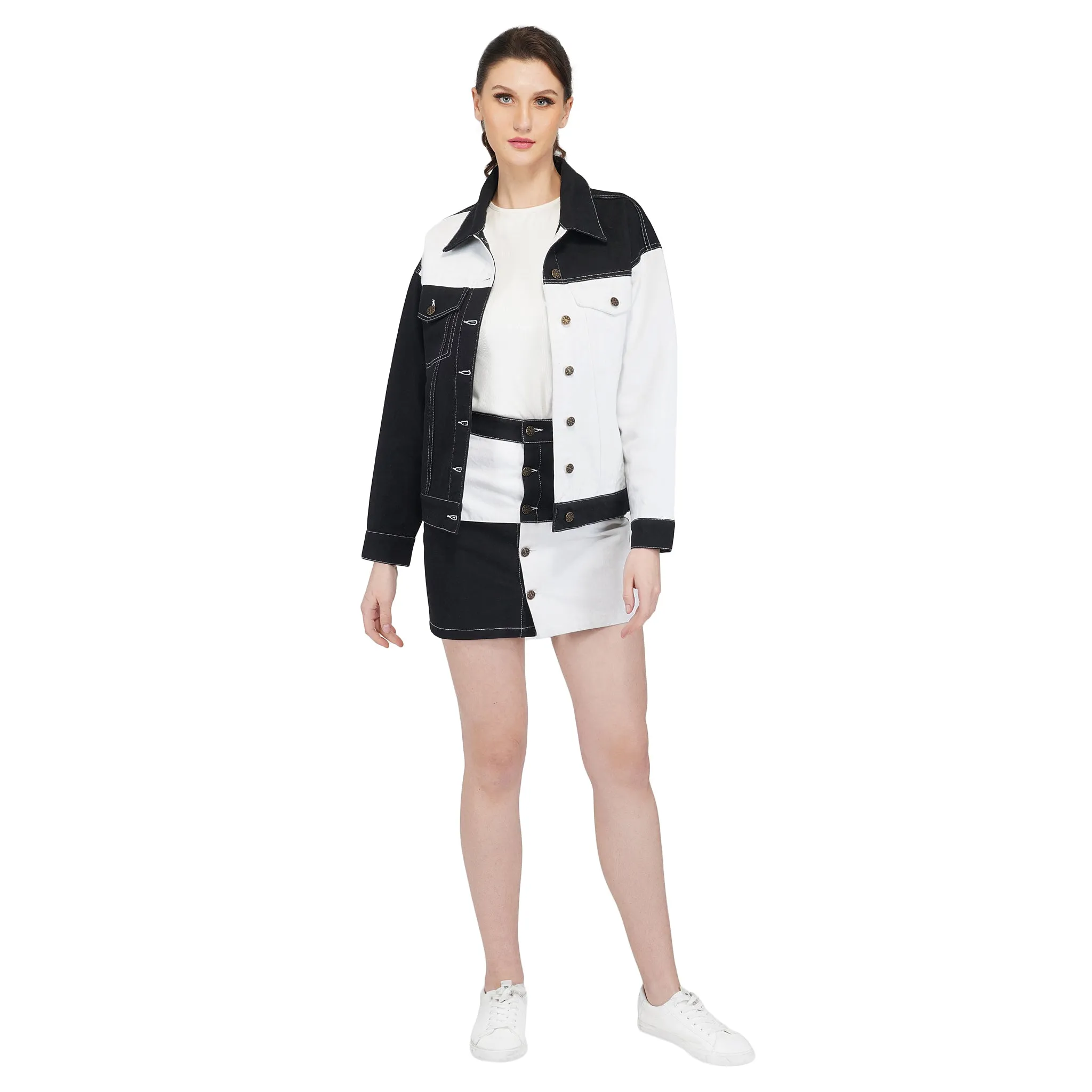 SLAY. Women's Black & White Colorblock Denim Jacket & Skirt Co-ord Set