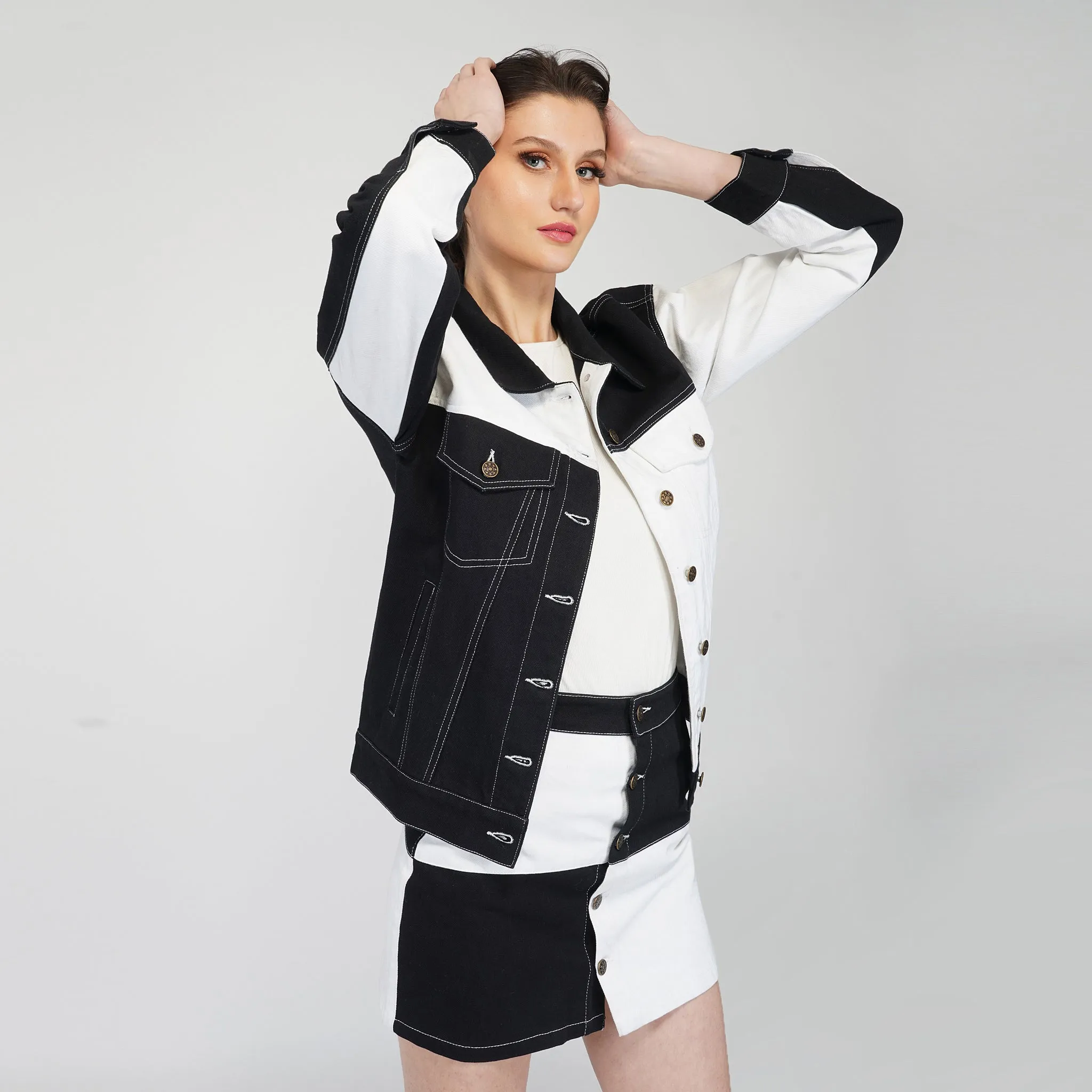 SLAY. Women's Black & White Colorblock Denim Jacket & Skirt Co-ord Set