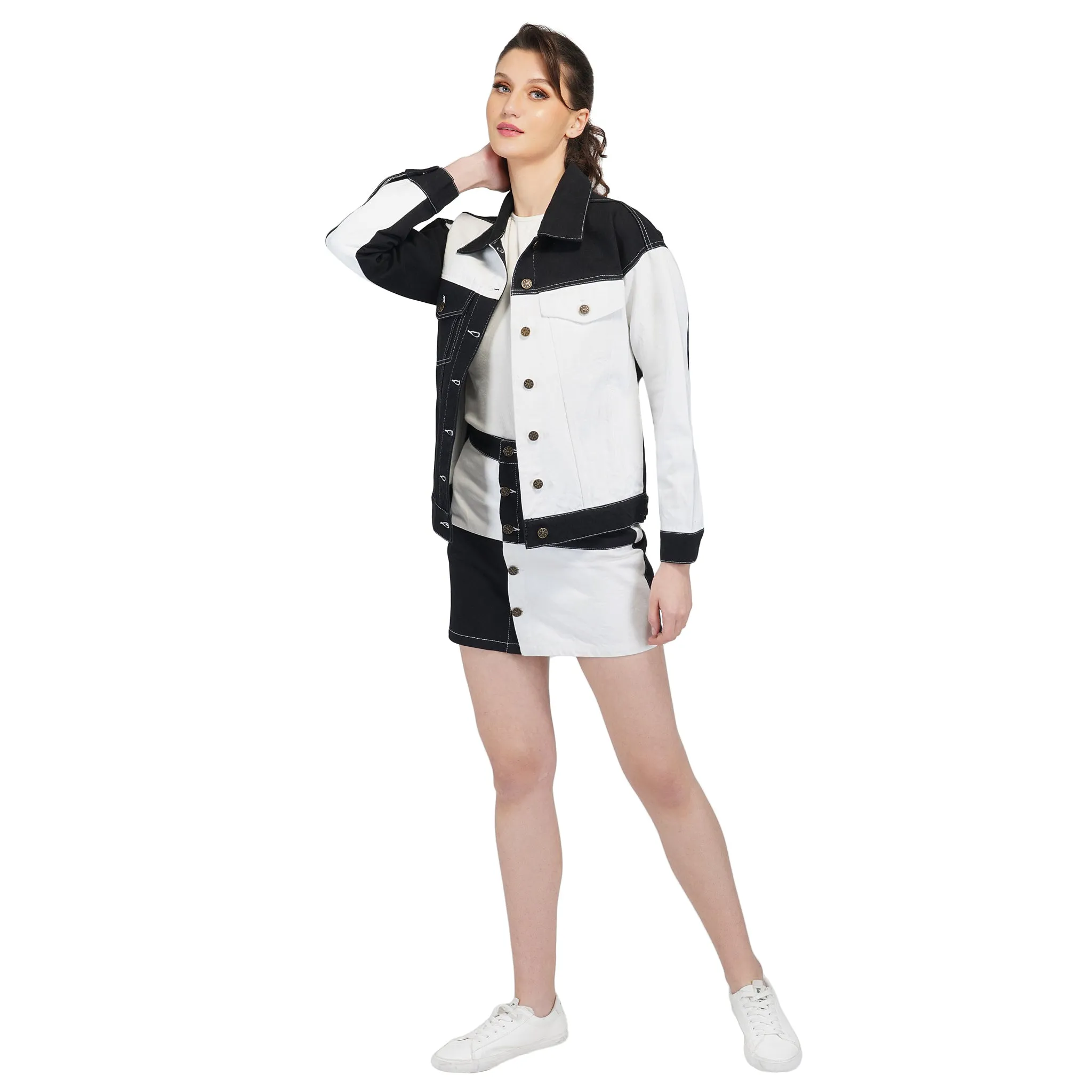 SLAY. Women's Black & White Colorblock Denim Jacket & Skirt Co-ord Set