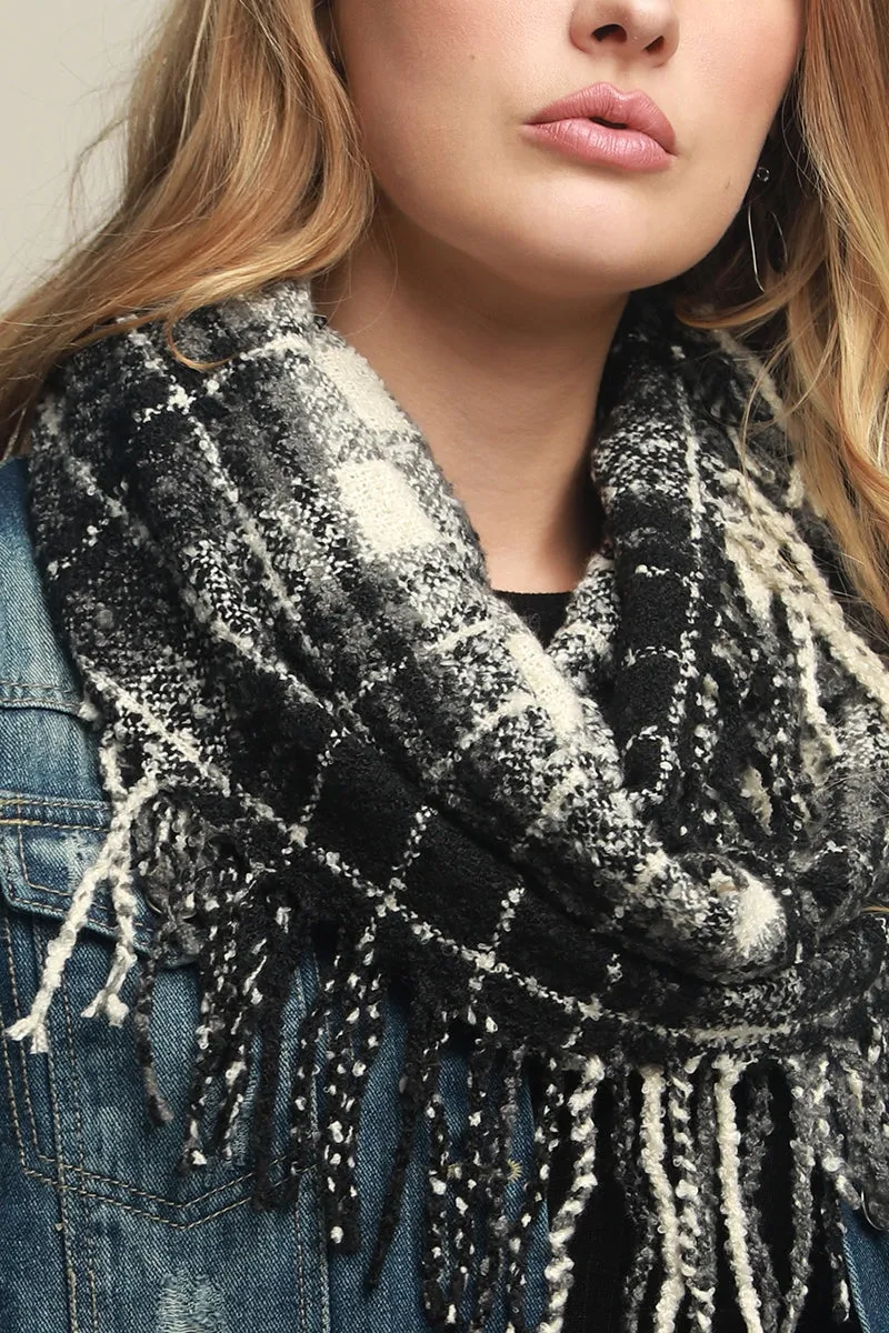 Soft casual plaid infinity knit scarf with tassels