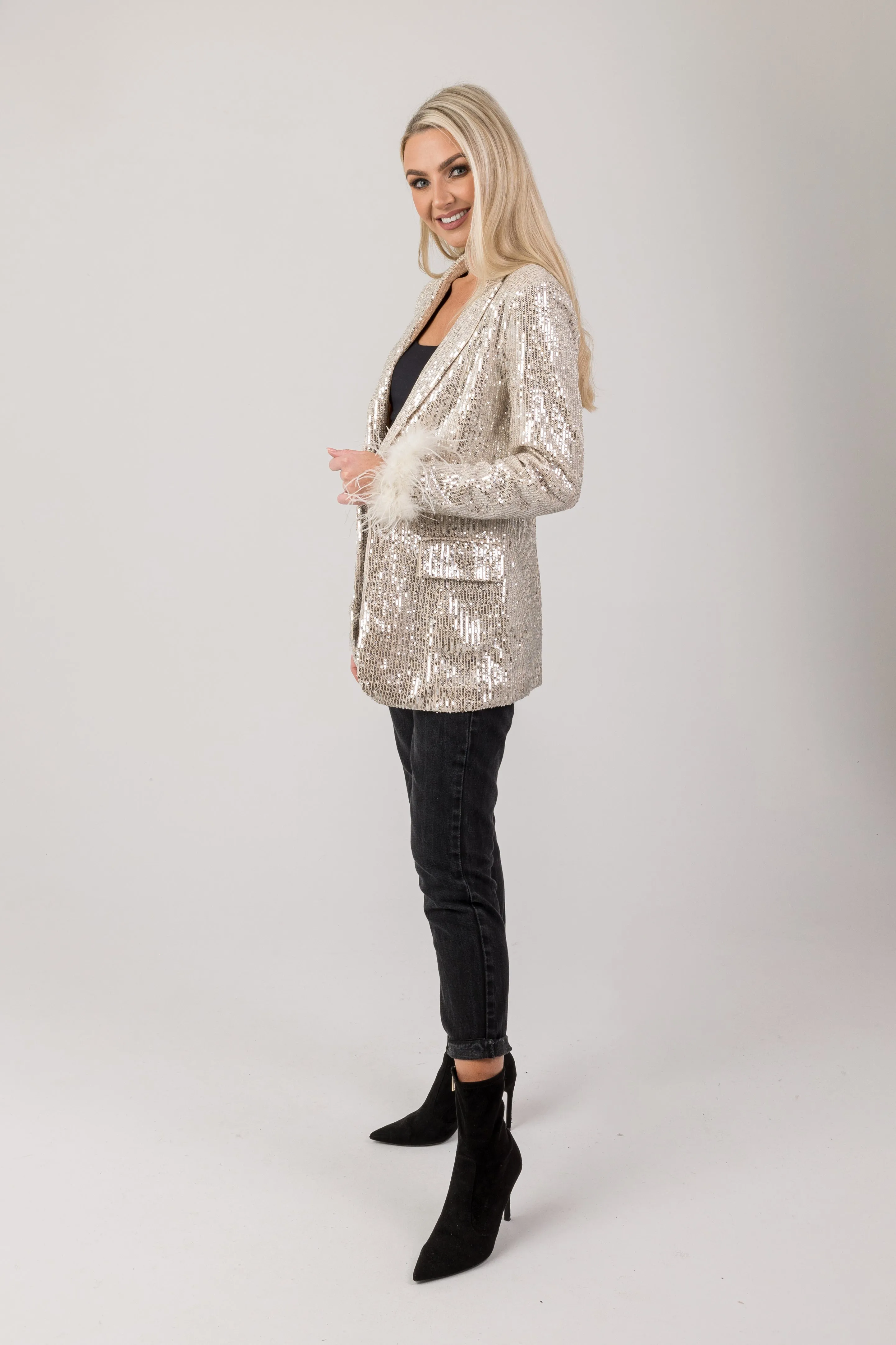 Sparkle blazer with feather cuff