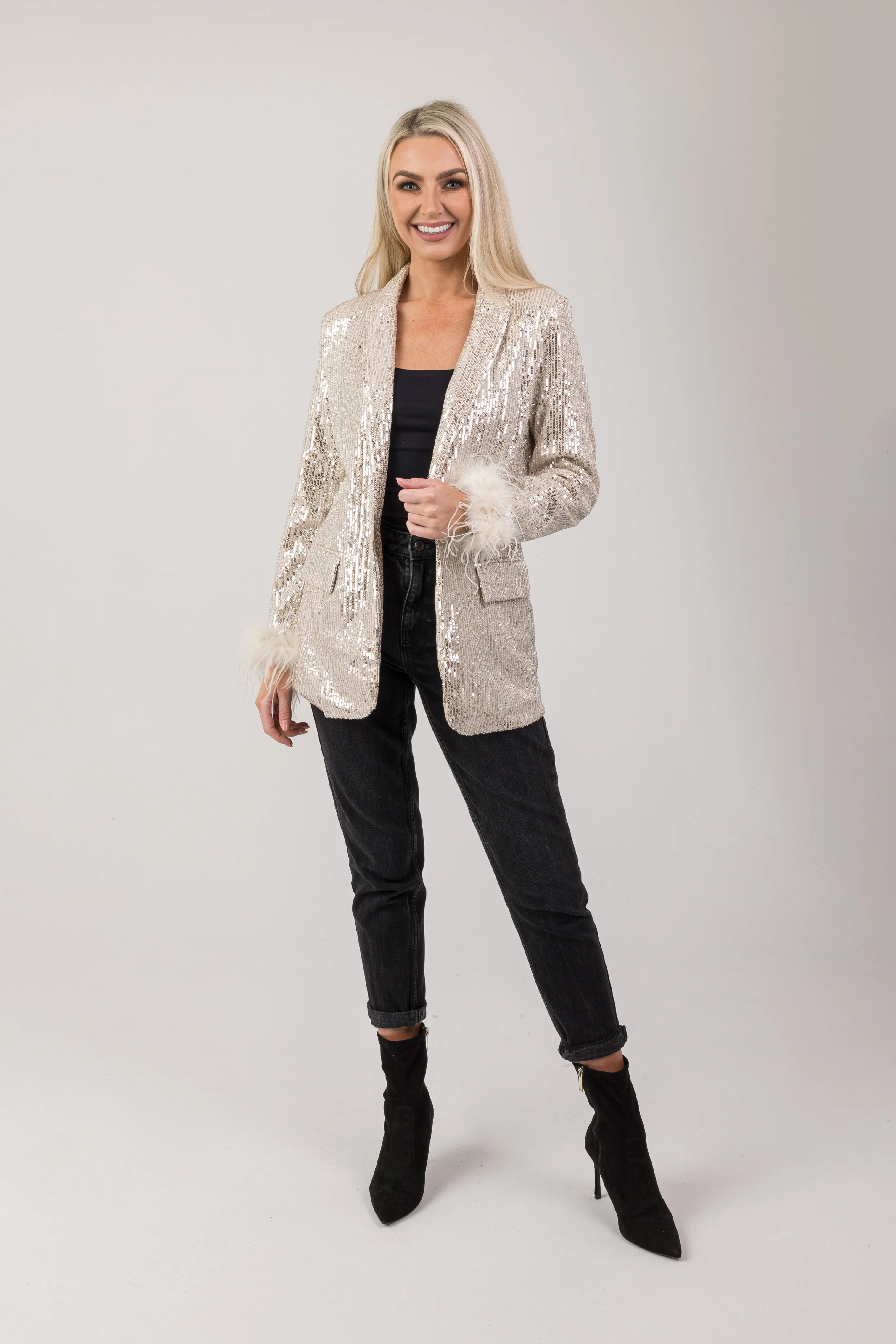 Sparkle blazer with feather cuff