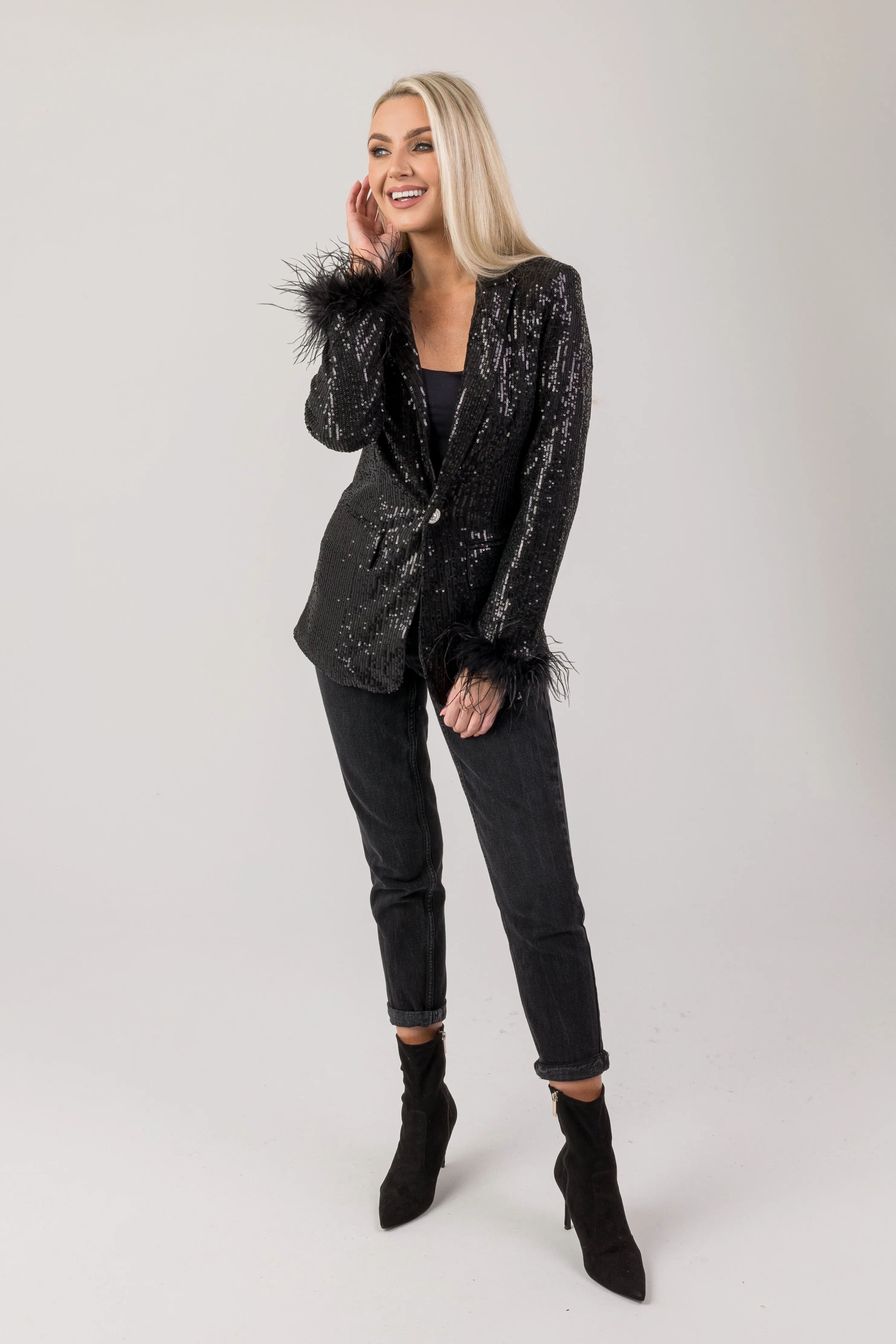 Sparkle blazer with feather cuff