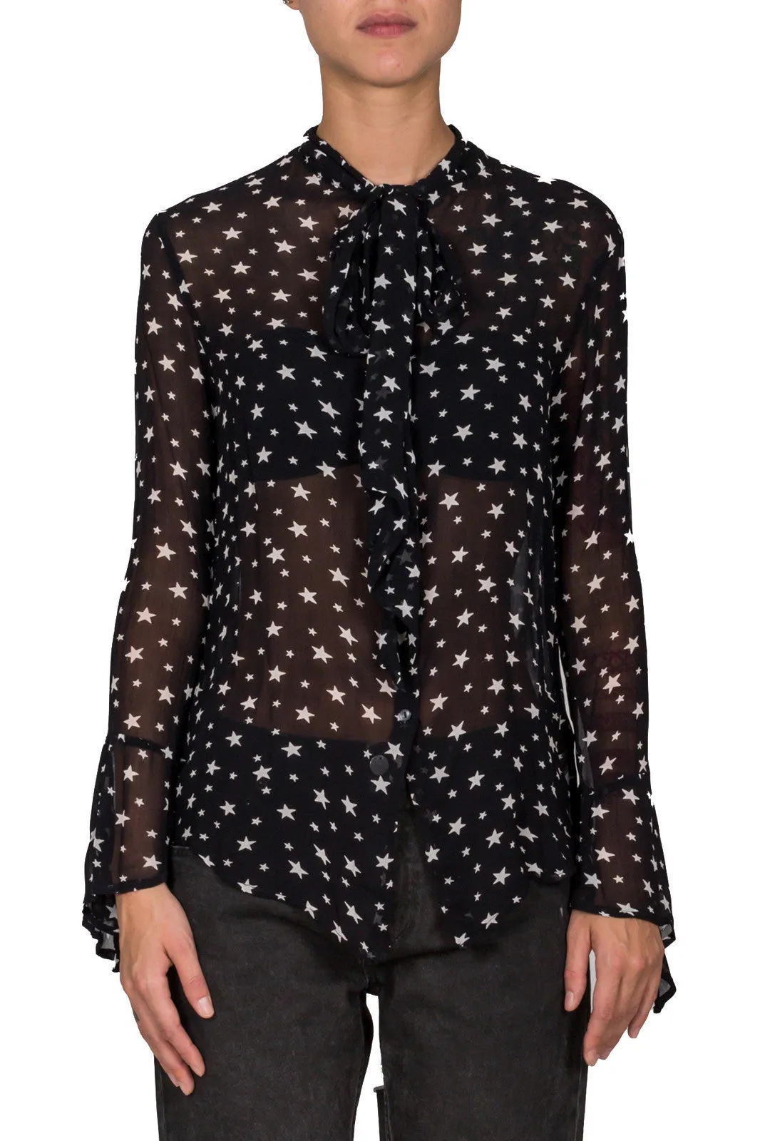 Star-Print Necktie Blouse