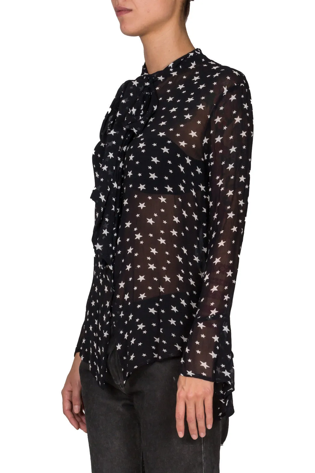 Star-Print Necktie Blouse