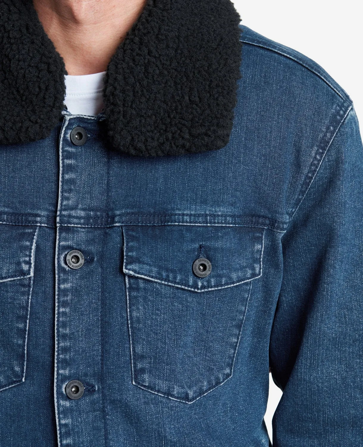 Stretch Denim Jacket in Blue with Sherpa Collar   Lining