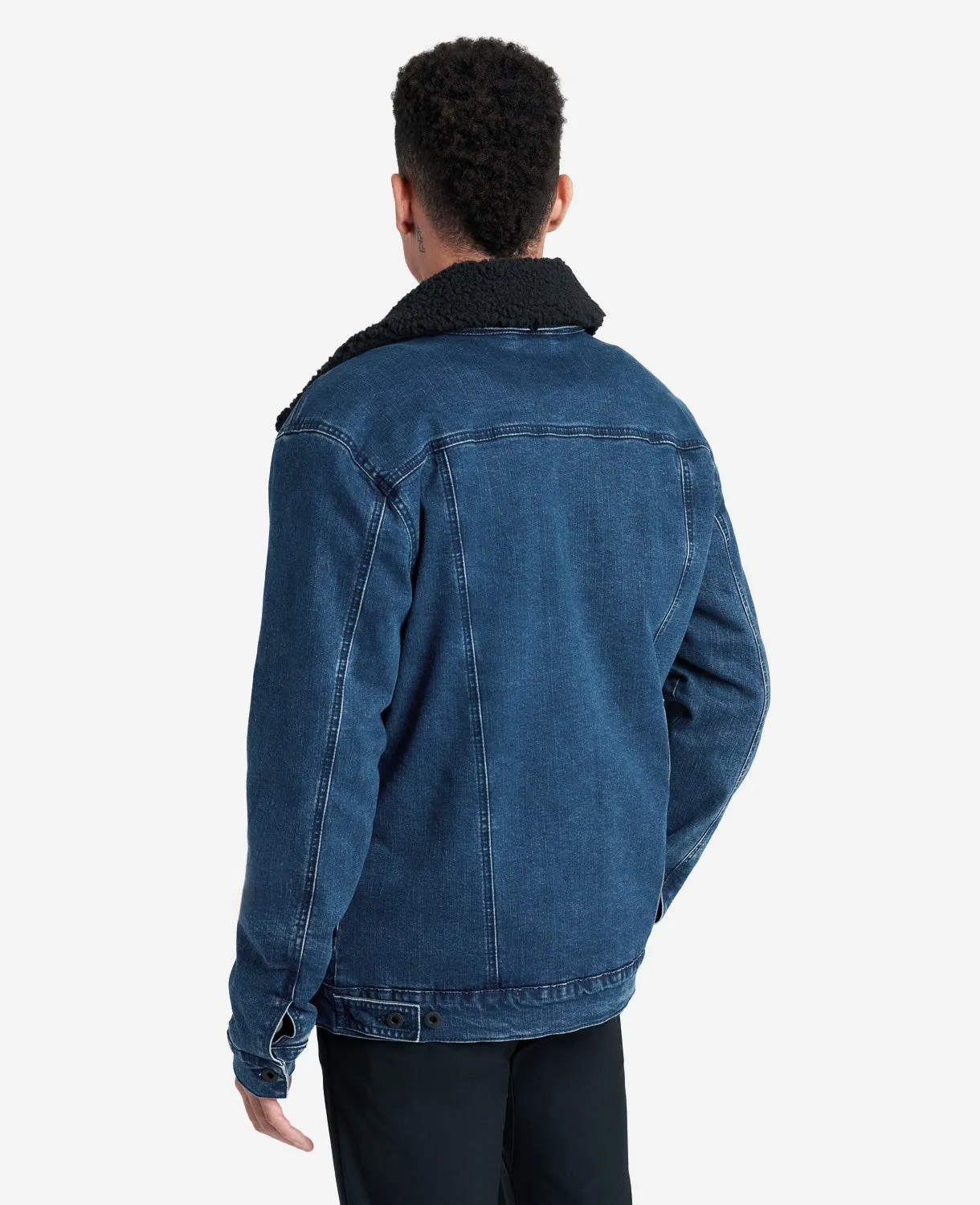 Stretch Denim Jacket in Blue with Sherpa Collar   Lining