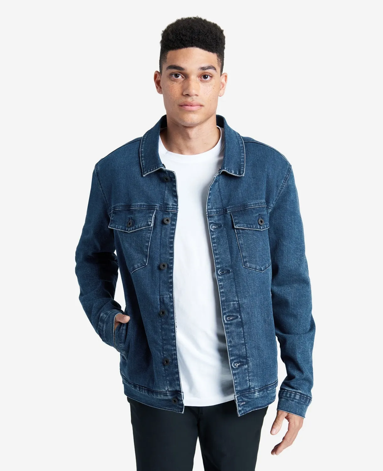 Stretch Denim Jacket in Blue with Sherpa Collar   Lining