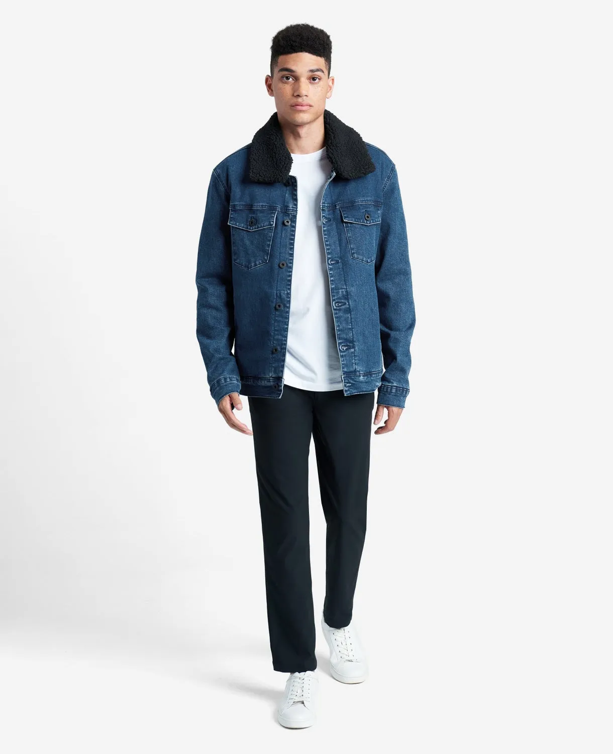 Stretch Denim Jacket in Blue with Sherpa Collar   Lining