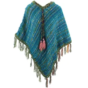 Stripe Crochet Poncho Long - Turquoise