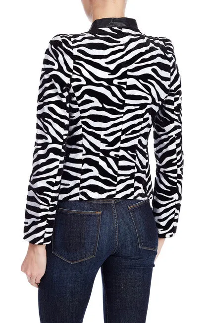 Stripped Zebra Jacket Short Mandarin Collar Vegan leather Jacket