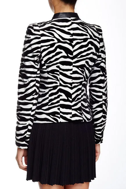 Stripped Zebra Jacket Short Mandarin Collar Vegan leather Jacket