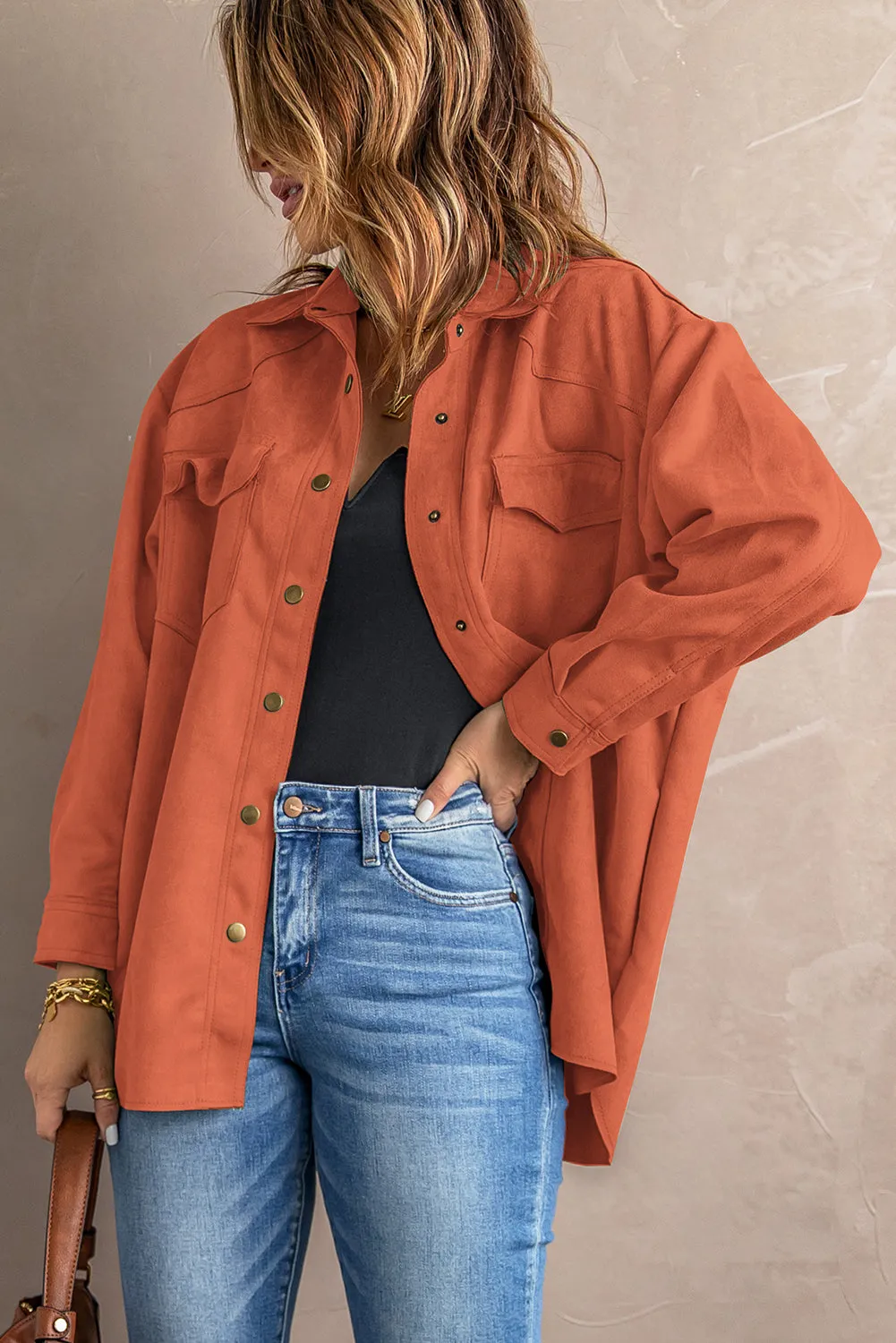 Suede Snap Front Dropped Shoulder Jacket