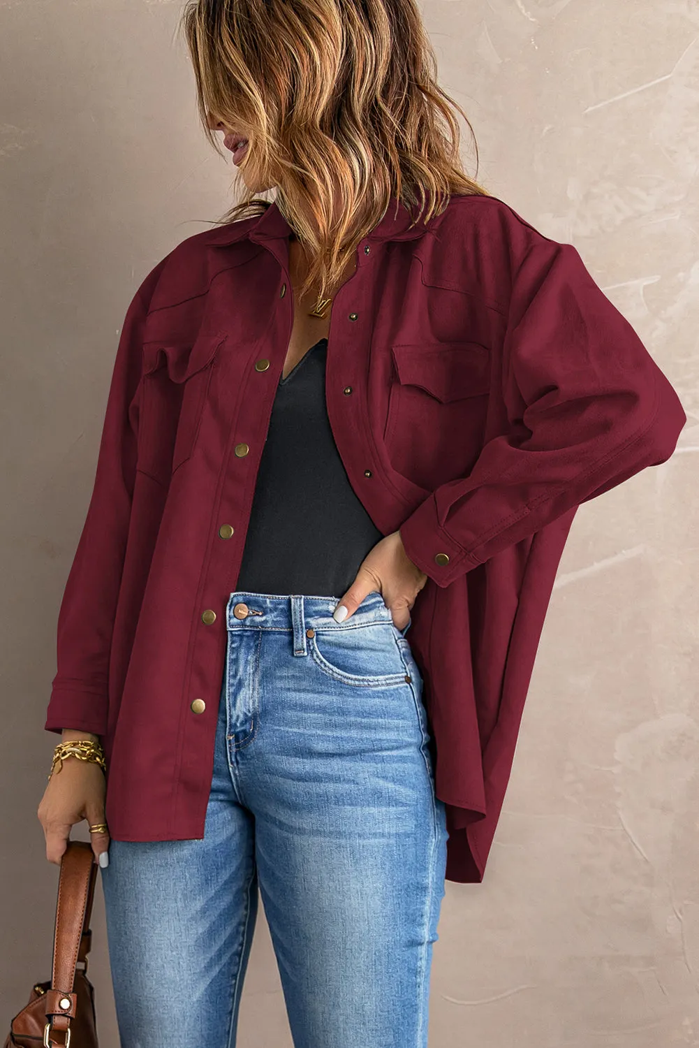 Suede Snap Front Dropped Shoulder Jacket