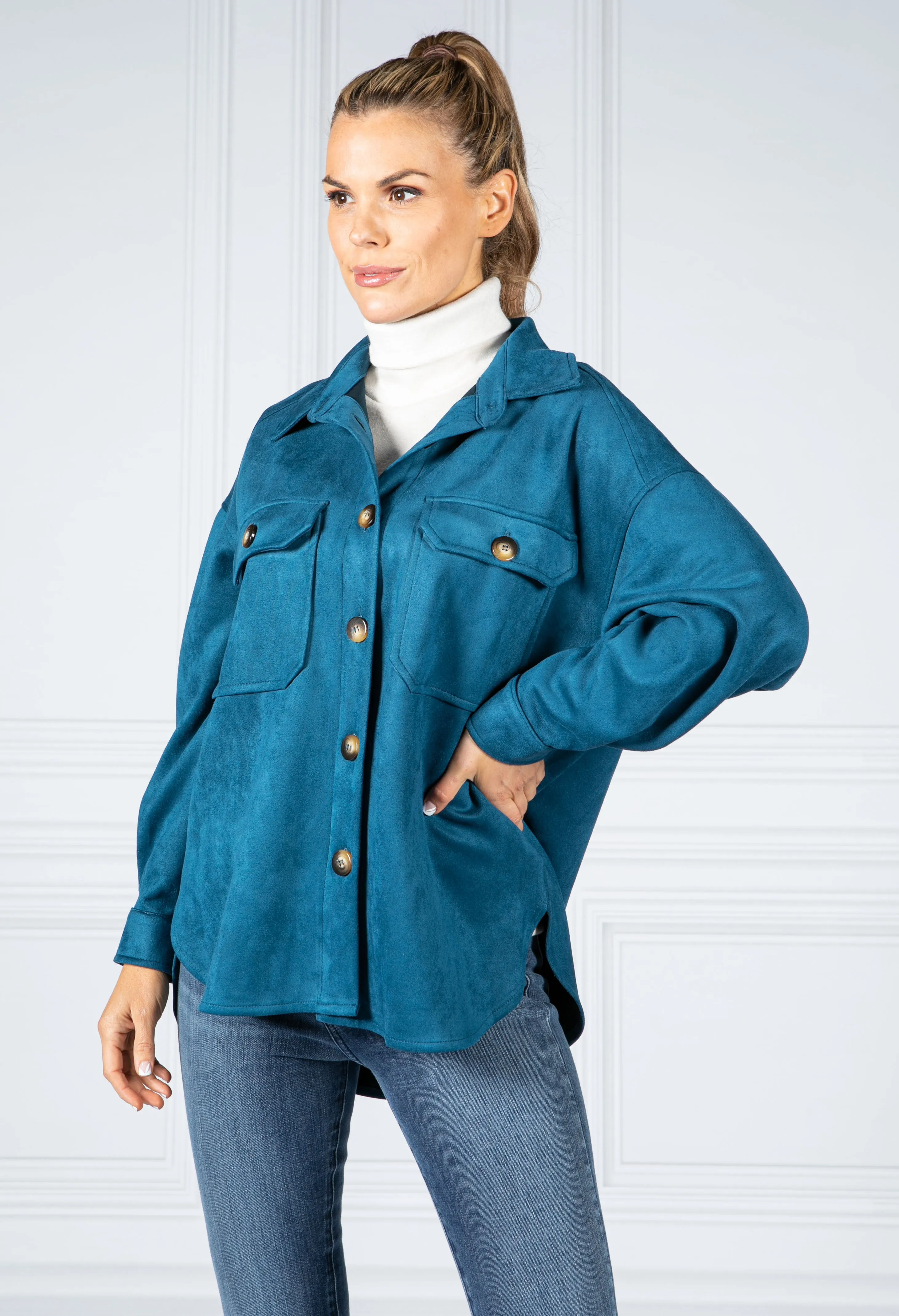 Suedette Shacket in Teal Blue