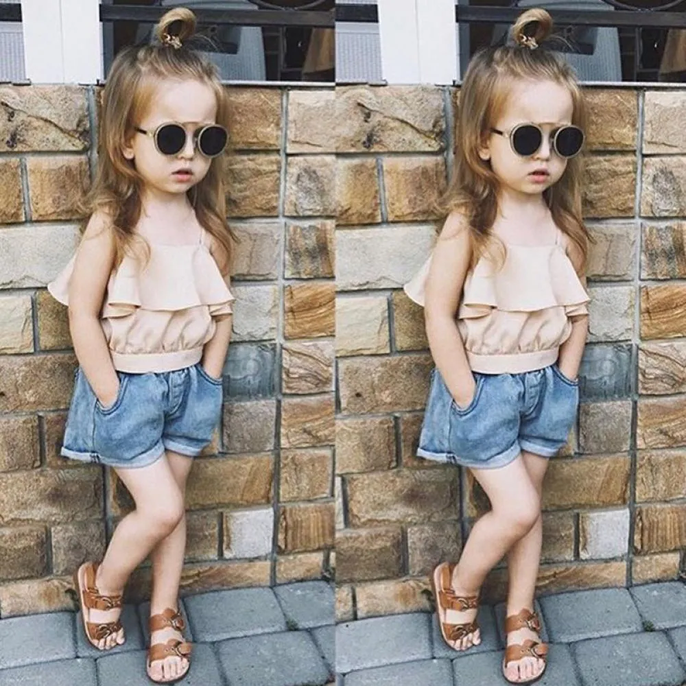 Summer Suspenders Girls Sleeveless Tank Top Denim Shorts Set Wholesale Girls Clothes