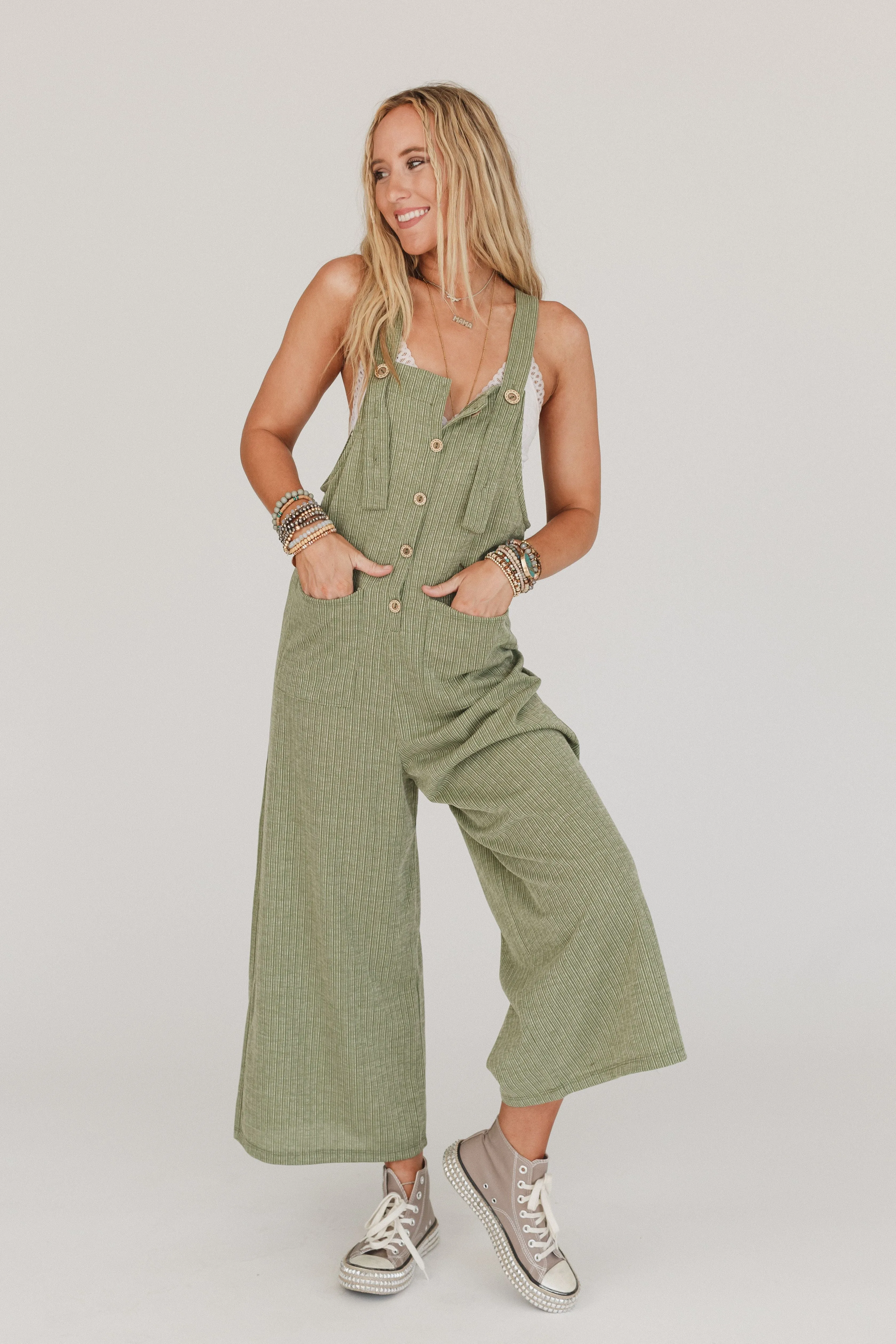 The Nest High Hopes Button Up Overalls - Light Olive