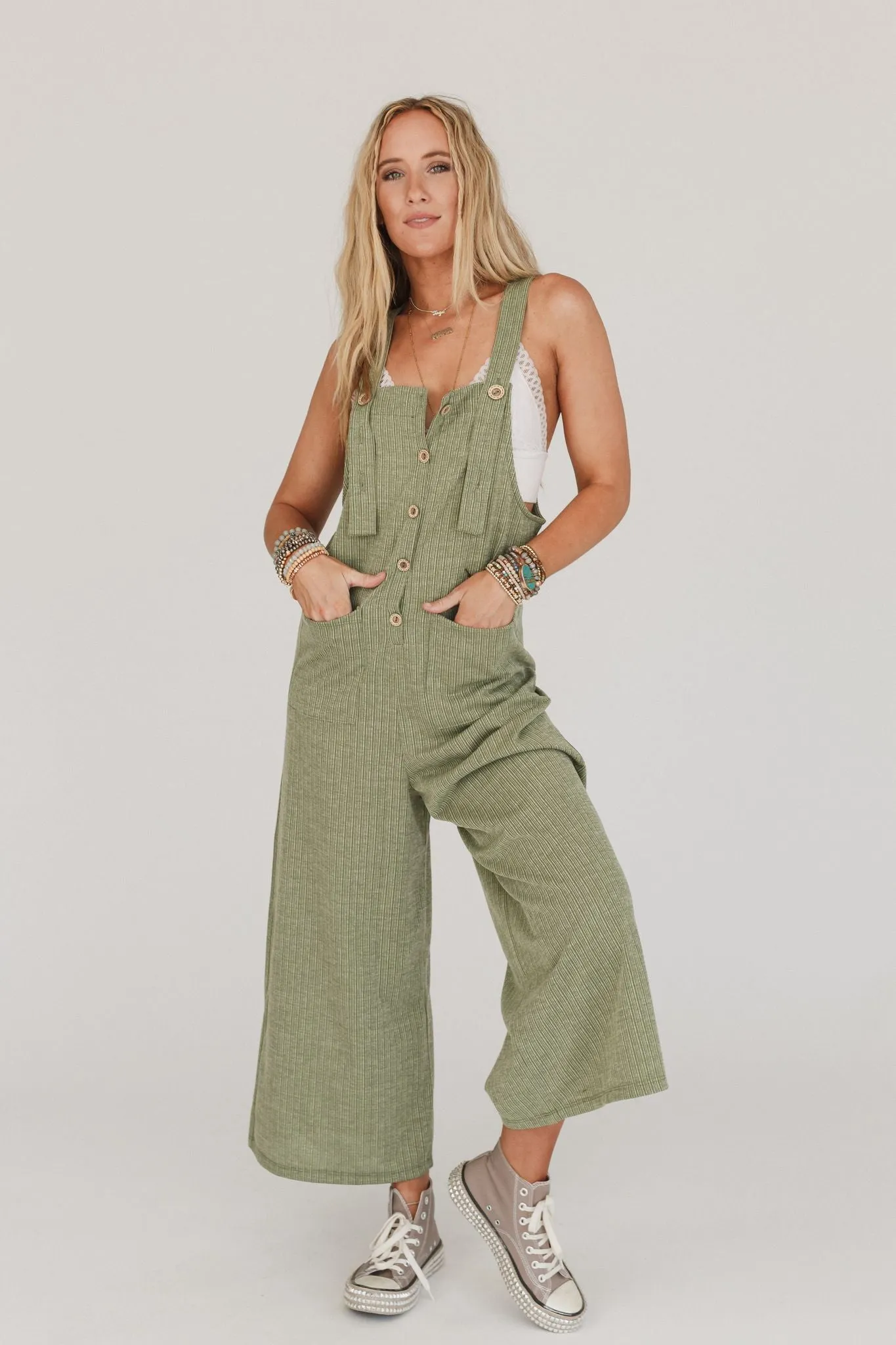 The Nest High Hopes Button Up Overalls - Light Olive