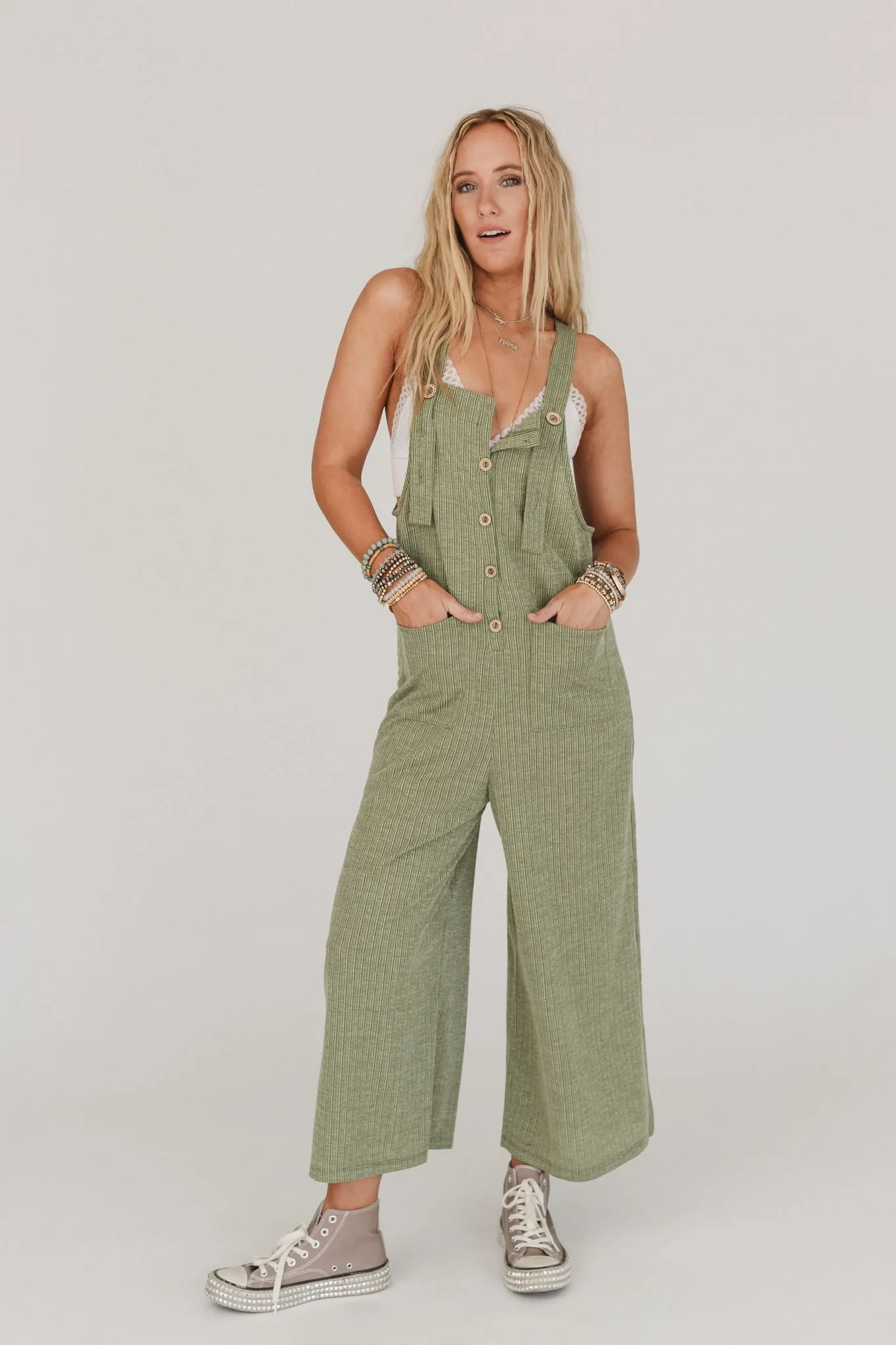 The Nest High Hopes Button Up Overalls - Light Olive