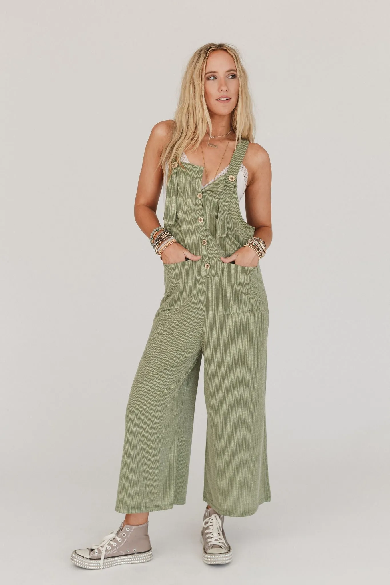 The Nest High Hopes Button Up Overalls - Light Olive