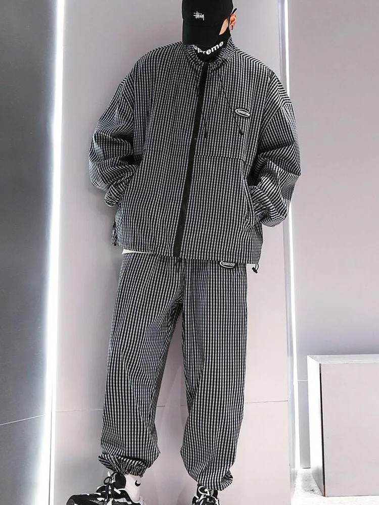 Thin Plaid Casual Set Men Spring Autumn Trend Handsome Loose Collar Jacket Jacket Casual Pants Two-piece Set Tracksuit