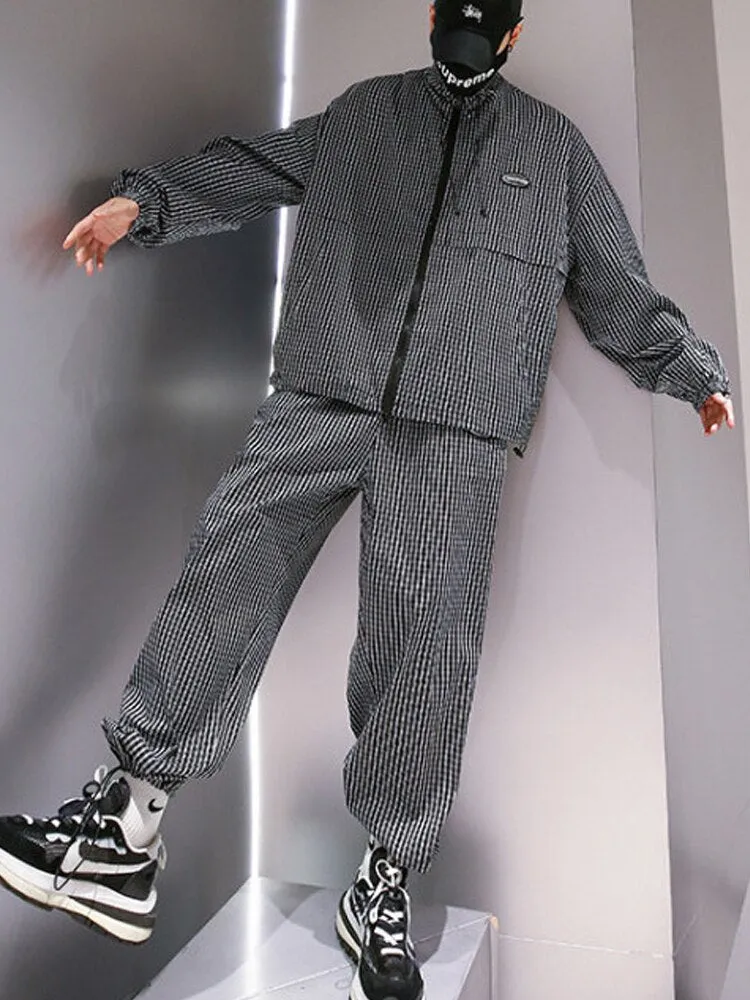 Thin Plaid Casual Set Men Spring Autumn Trend Handsome Loose Collar Jacket Jacket Casual Pants Two-piece Set Tracksuit